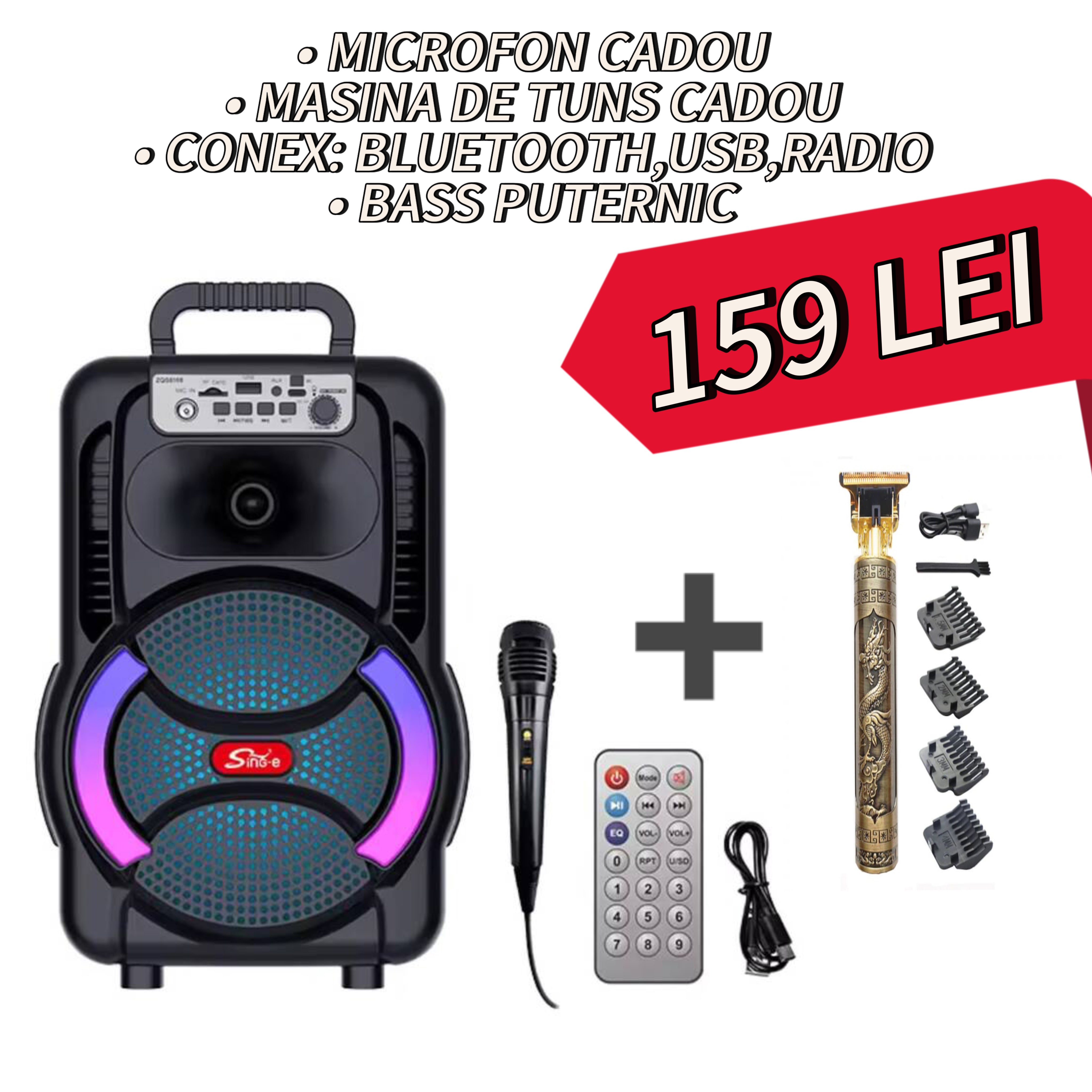 Boxa portabila cu microfon ZQS8166, 200 W PMPO, BT/FM/USB, 3000mAh
