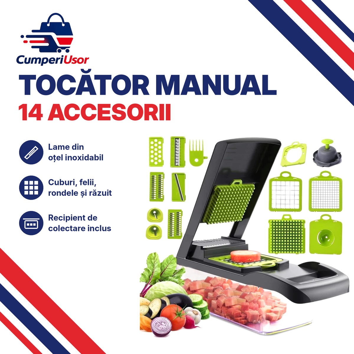 Tocător manual multifuncțional pentru legume și fructe, 14 accesorii, cu recipient de colectare