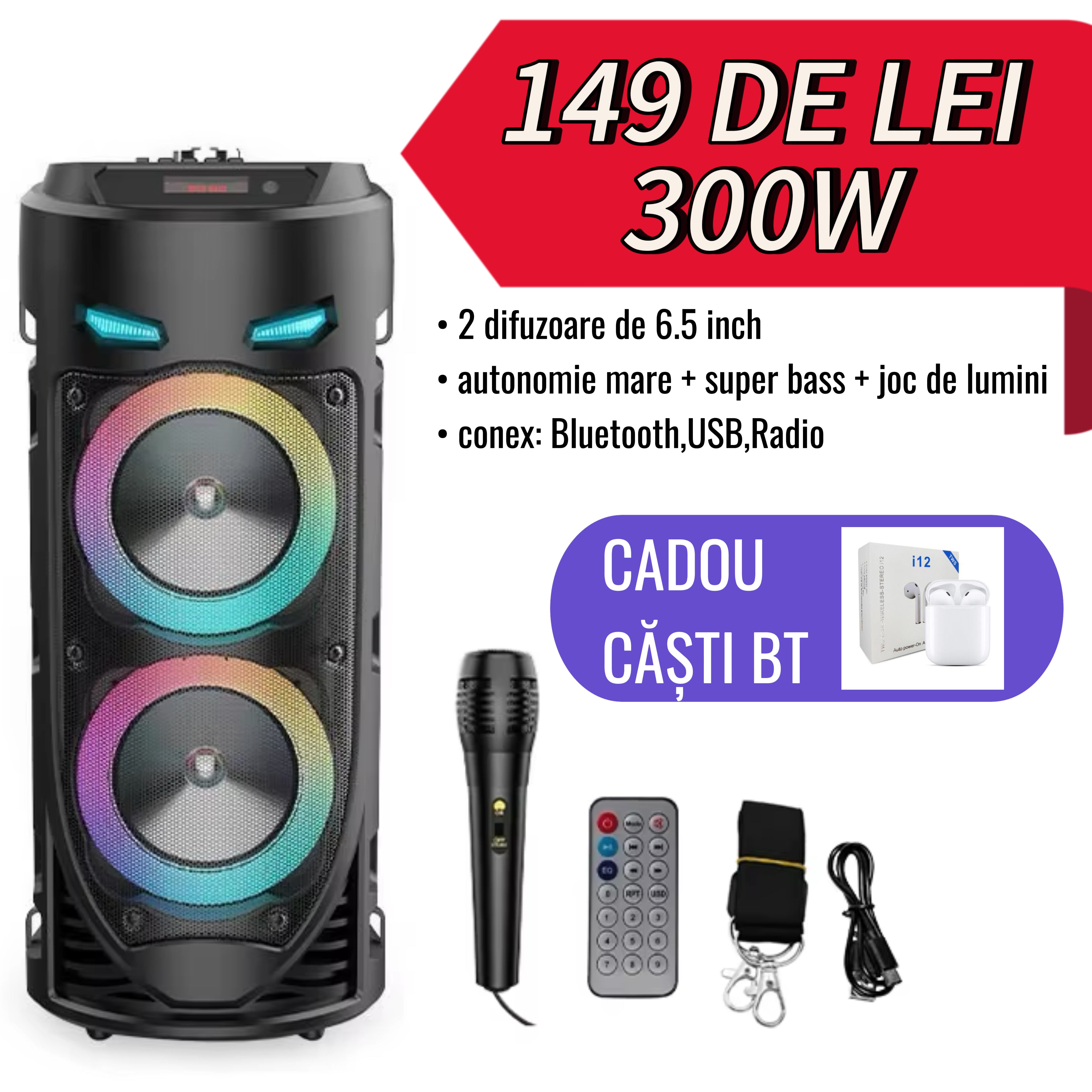 Difuzor Bluetooth portabil cu microfon Karaoke 300 W