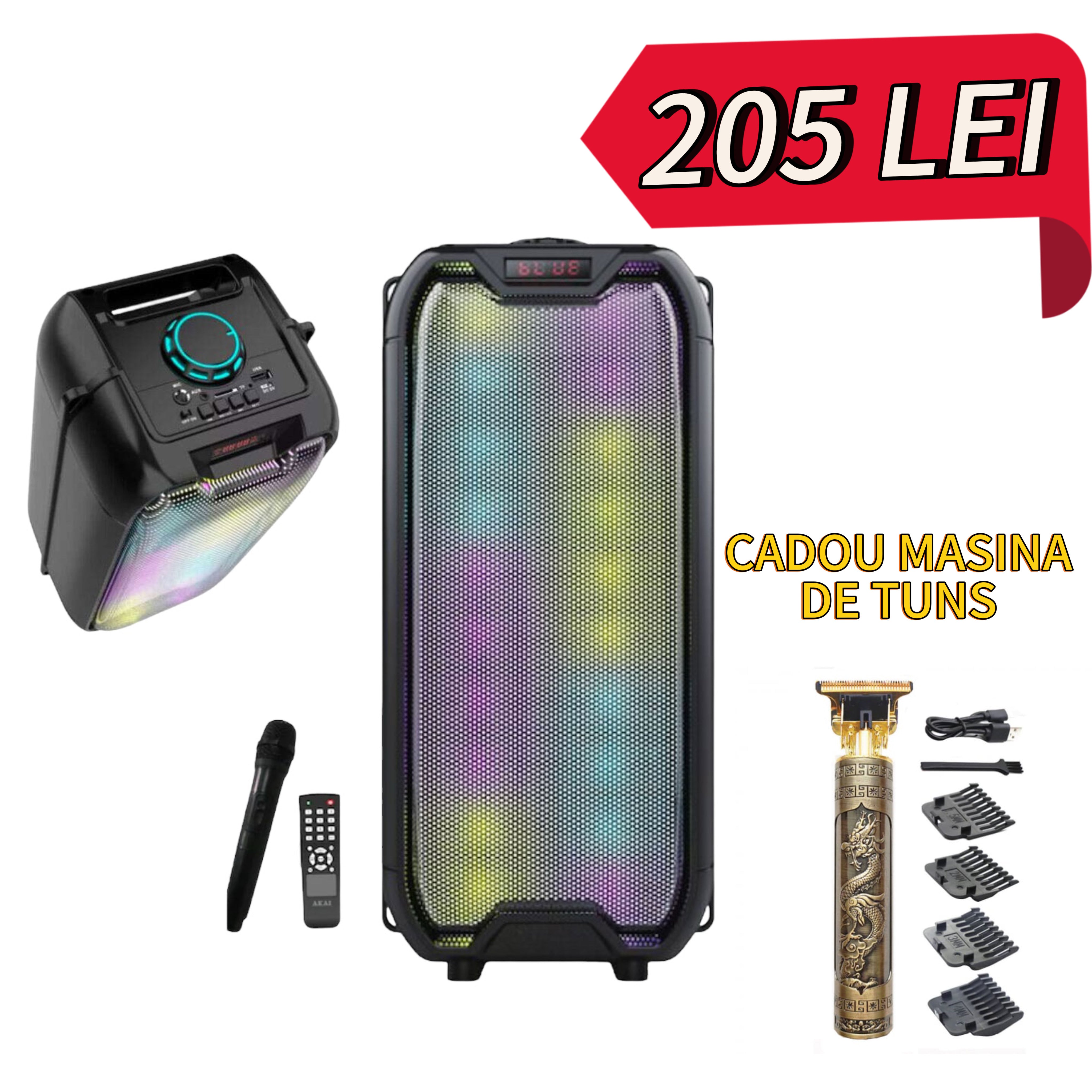 Boxa Portabila Reincarcabila, 160 W PMPO, 3000 MAh, Microfon, LED Disco – ZQS4235 + Aparat De Tuns