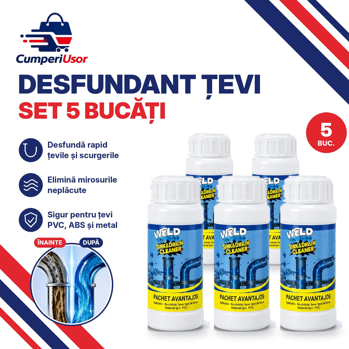 Set 5 bucăți desfundant țevi Wild Tornado Sink & Drain Cleaner, granule, 5 x 110 g