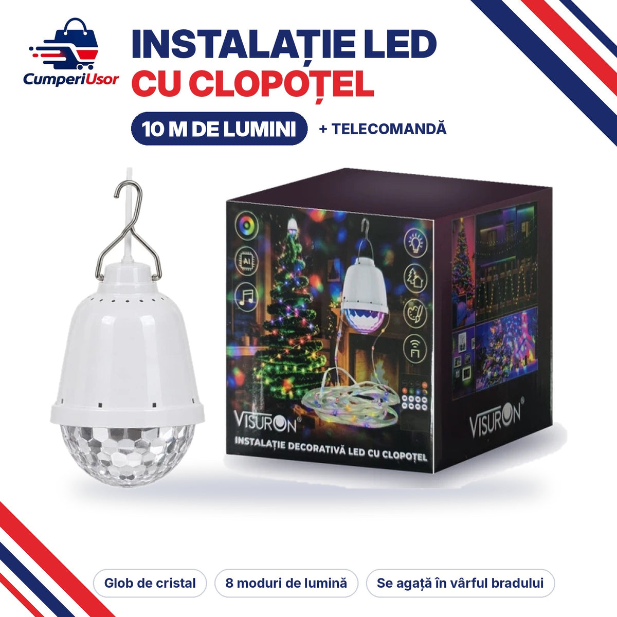 Instalație LED de Crăciun cu clopoțel și glob de cristal, 10 m, cu telecomandă