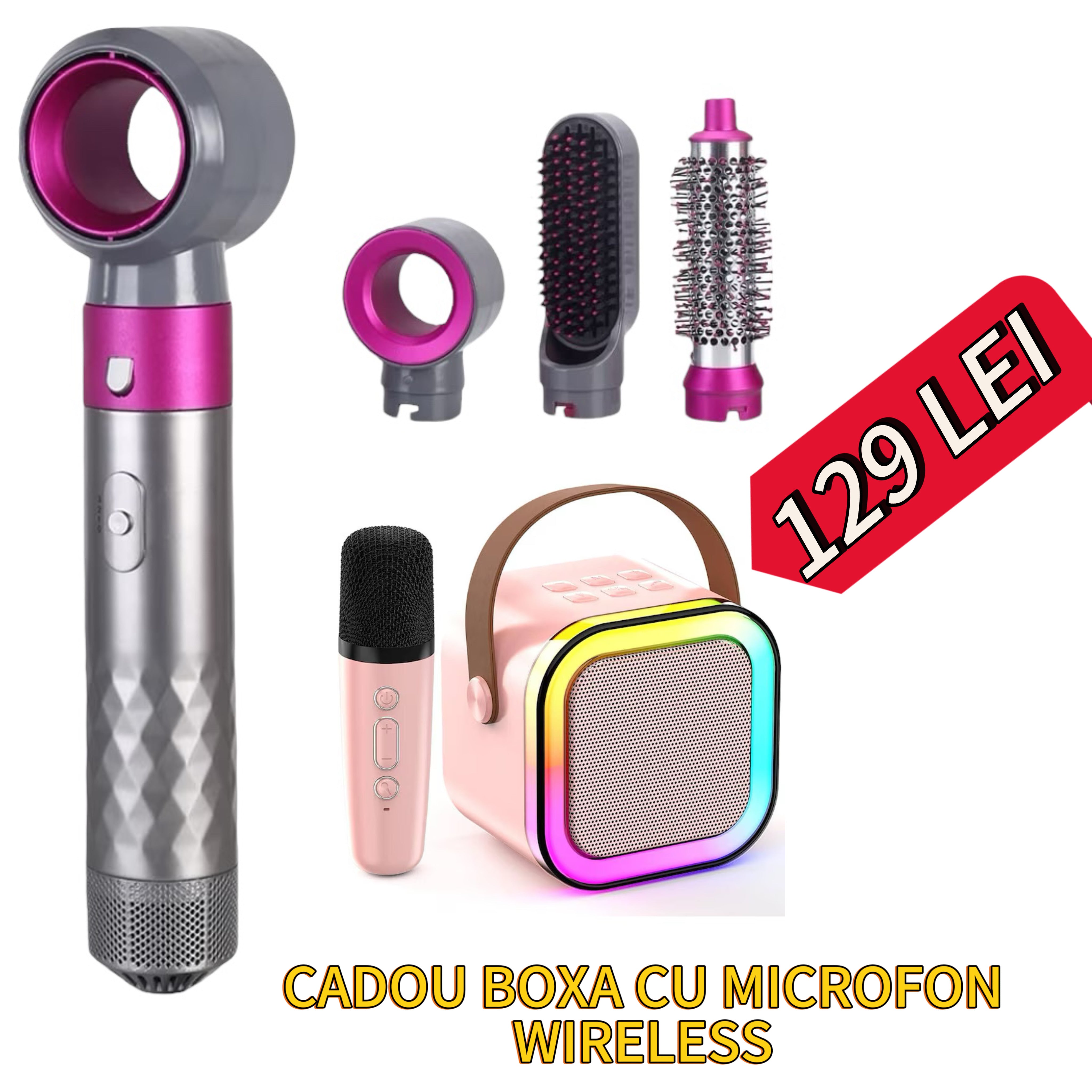 Pachet promoțional Uscator de par multifunctional, 3in1 și boxă portabile cu microfon wireless cadou !!