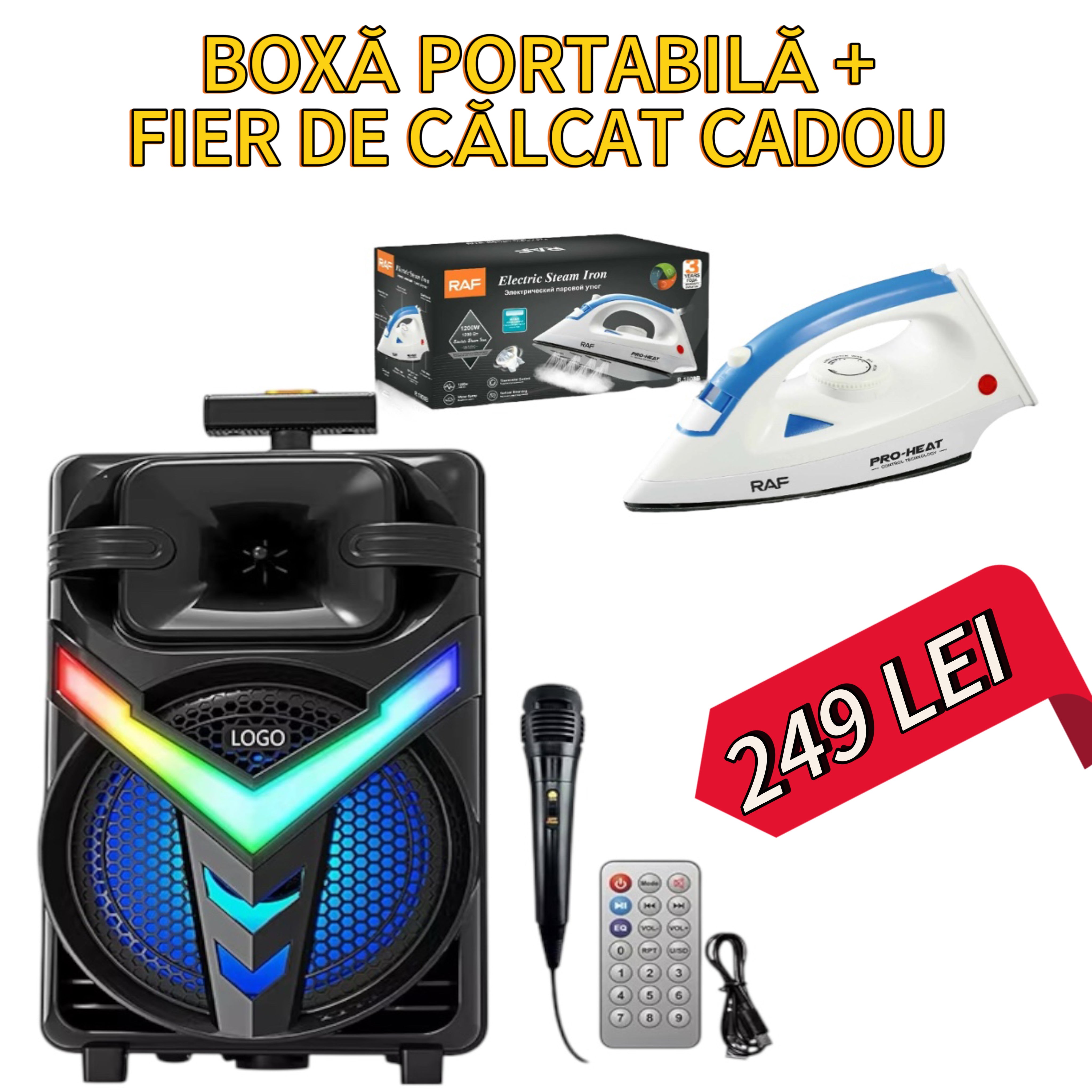 Boxa portabila, troller, ZQS-8158 Bluetooth, Difuzor 8" Inch, 3000 mAh, 200W PMPO, Subwoofer Super Bass, Microfon, Telecomanda