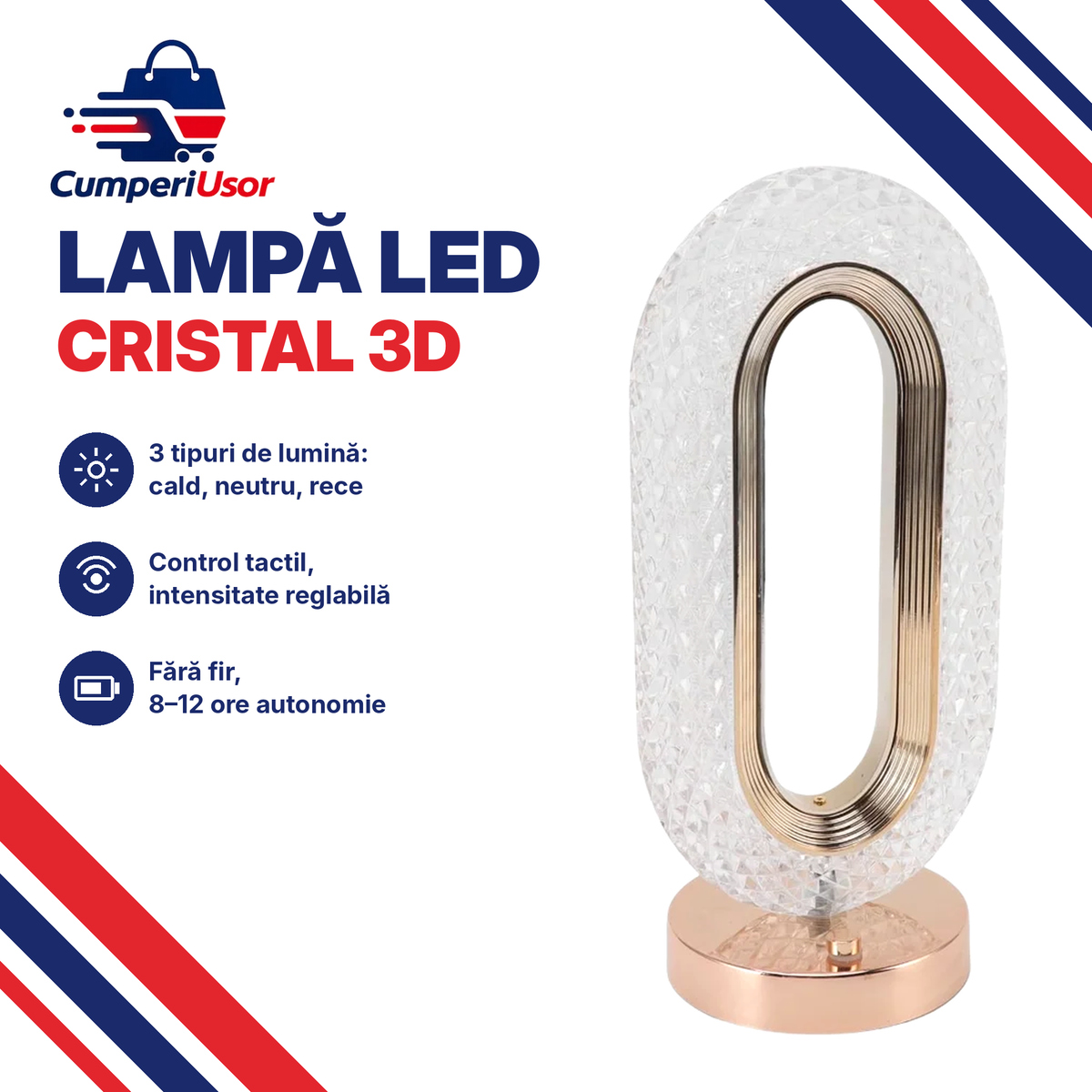 Lampă LED Cristal 3D fără fir, 3 tipuri de lumină, control tactil, 12 x 26 cm