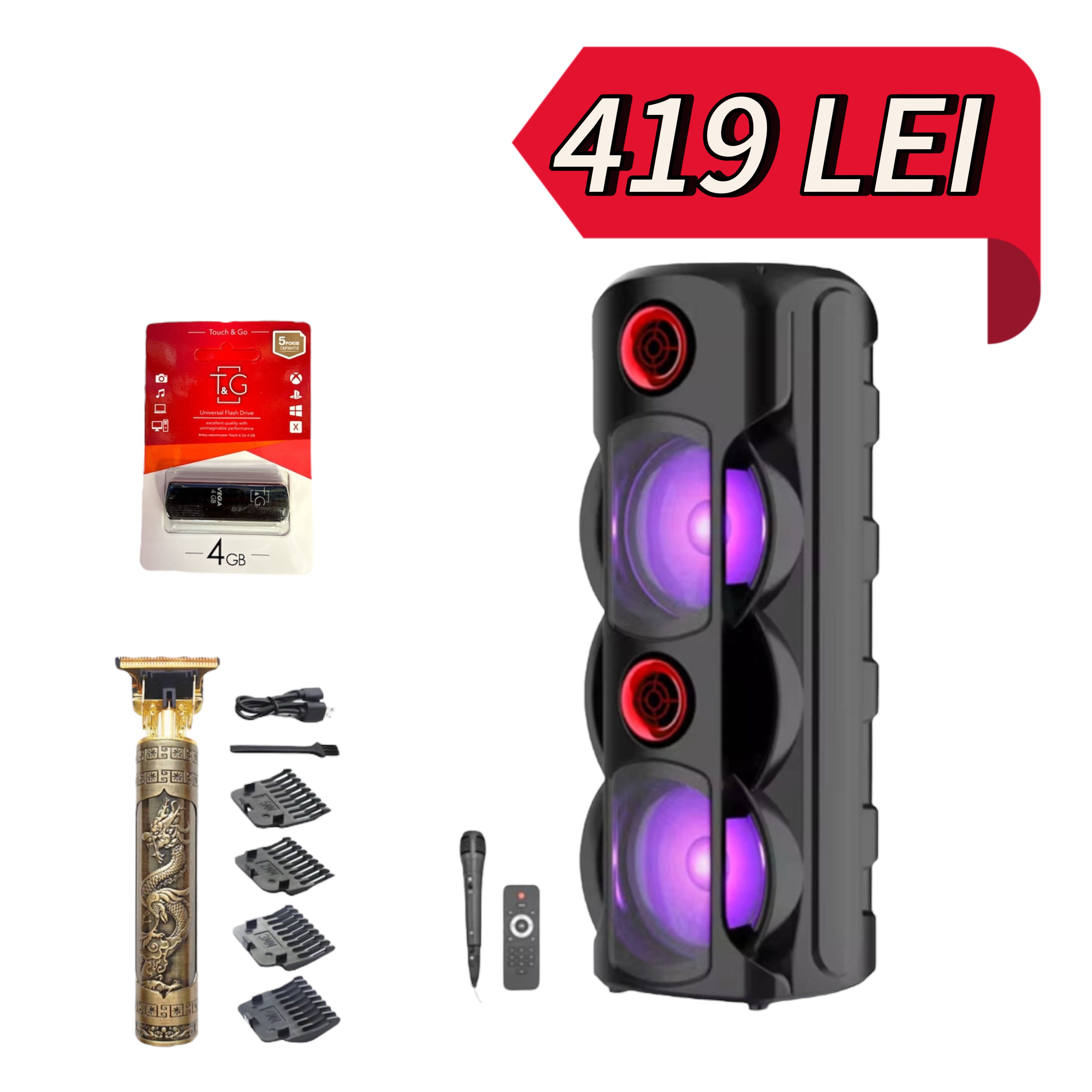 PACHET PROMOȚIONAL !!  Boxa Portabila DR 8225,1800W P.M.P.O Cu 2 Difuzoare De 8,5 Inch ,79 Cm, Card, Radio FM, Microfon, Telecomanda Si Lumini, Negru