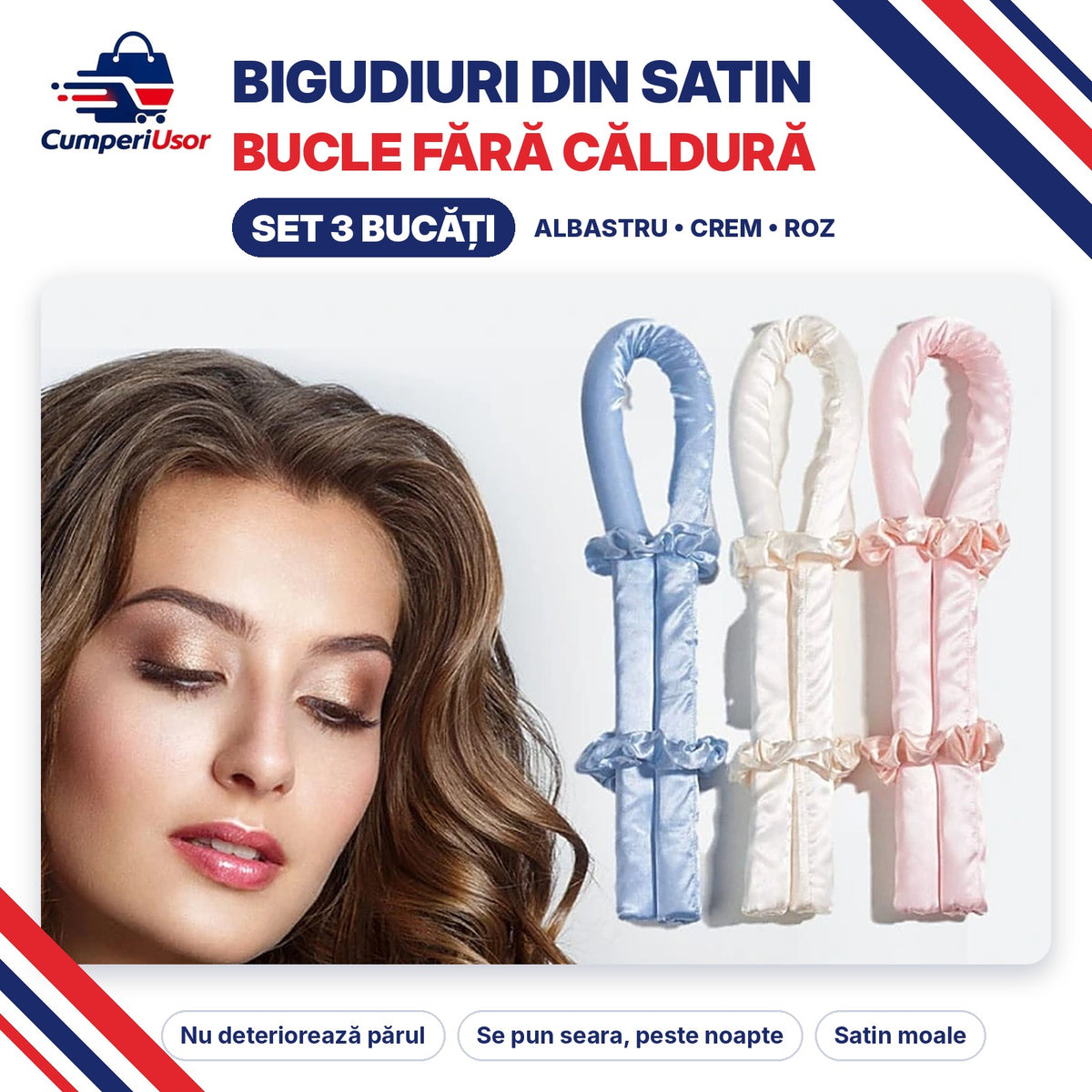Set 3 bigudiuri din satin pentru bucle fără căldură – albastru, crem, roz