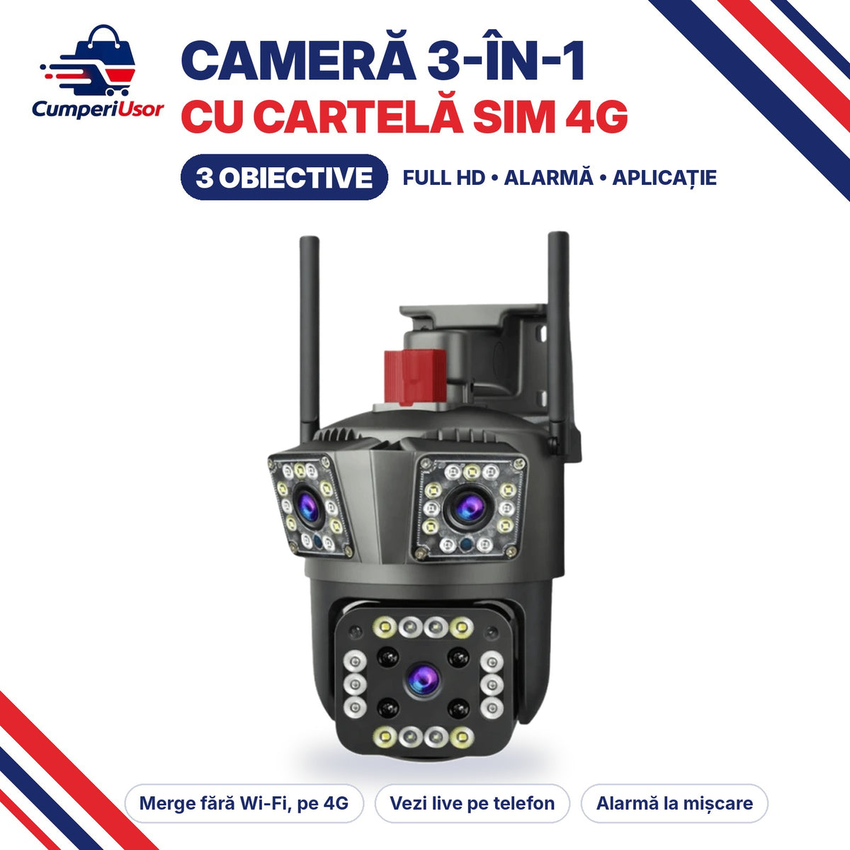 Cameră de Supraveghere 3-în-1, Full HD, Slot Cartela SIM 4G, Alarmă și Control din Aplicație