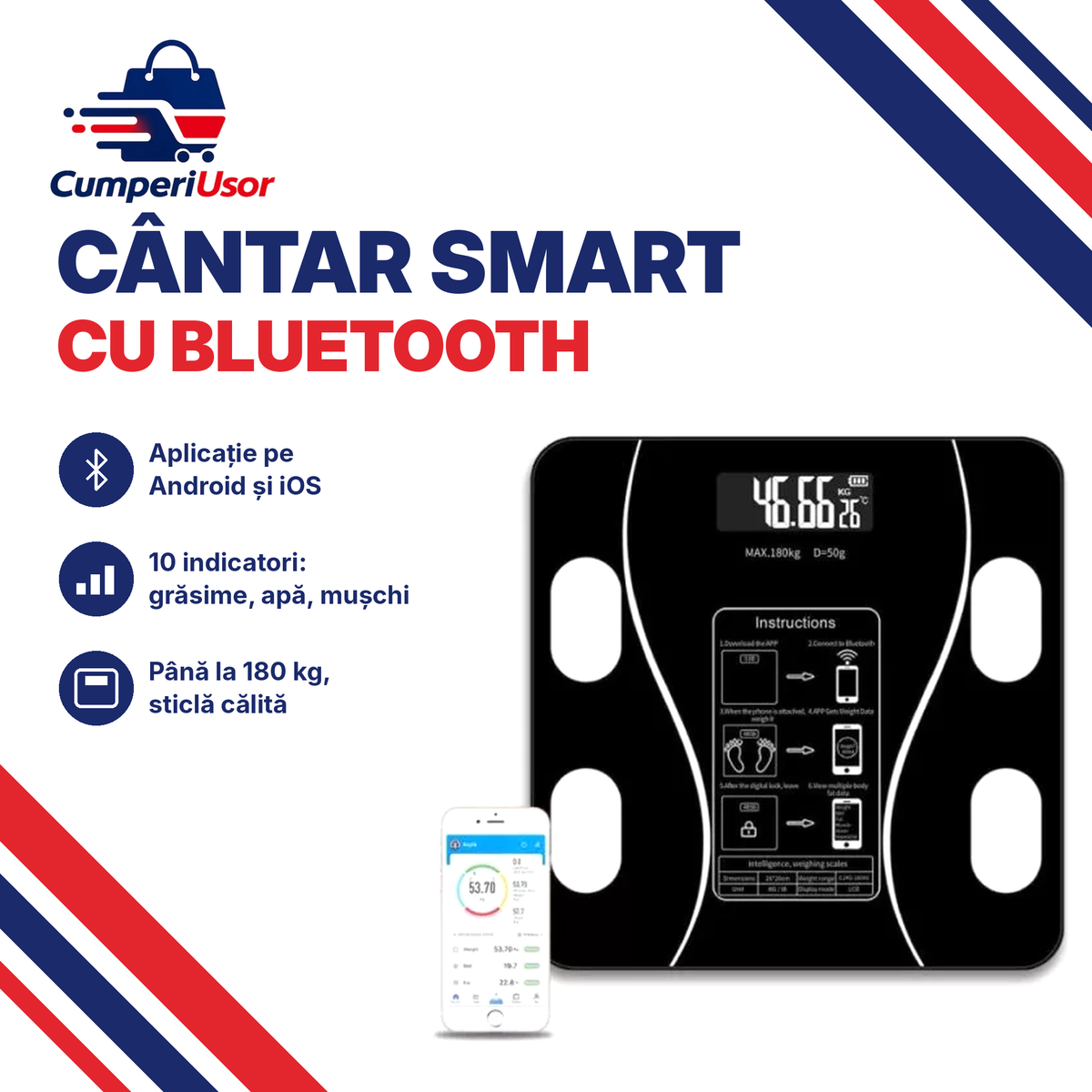 Cântar smart cu Bluetooth, analiză corporală 10 indicatori, aplicație Android/iOS, până la 180 kg