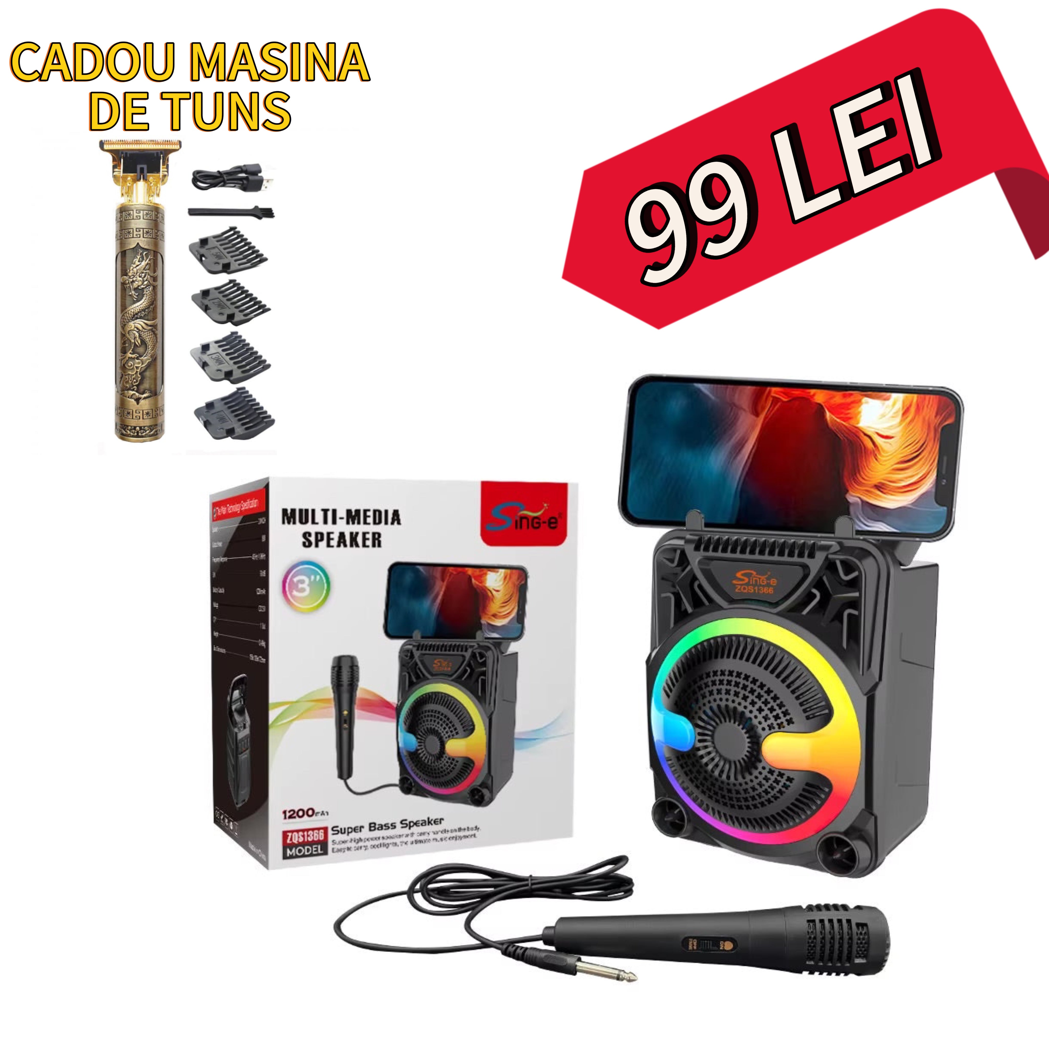 Boxa Portabila ZQS1366 BT FM microfon 24W P.M.P.O suport telefon