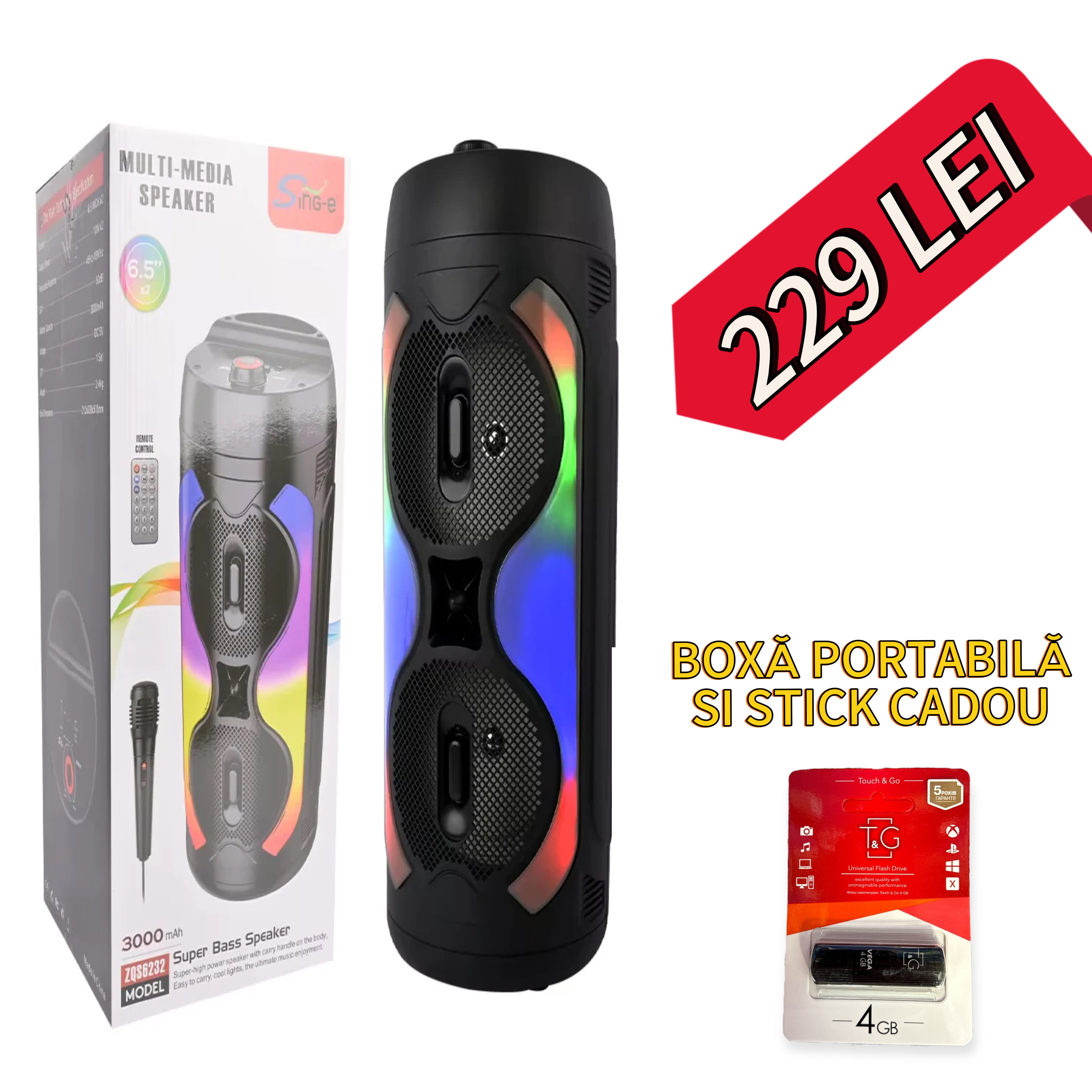 Boxa Portabila ZQS6232Bluetooth, Karaoke Led Player, Microfon, 1800mAh, 800W PMPO, 51cm