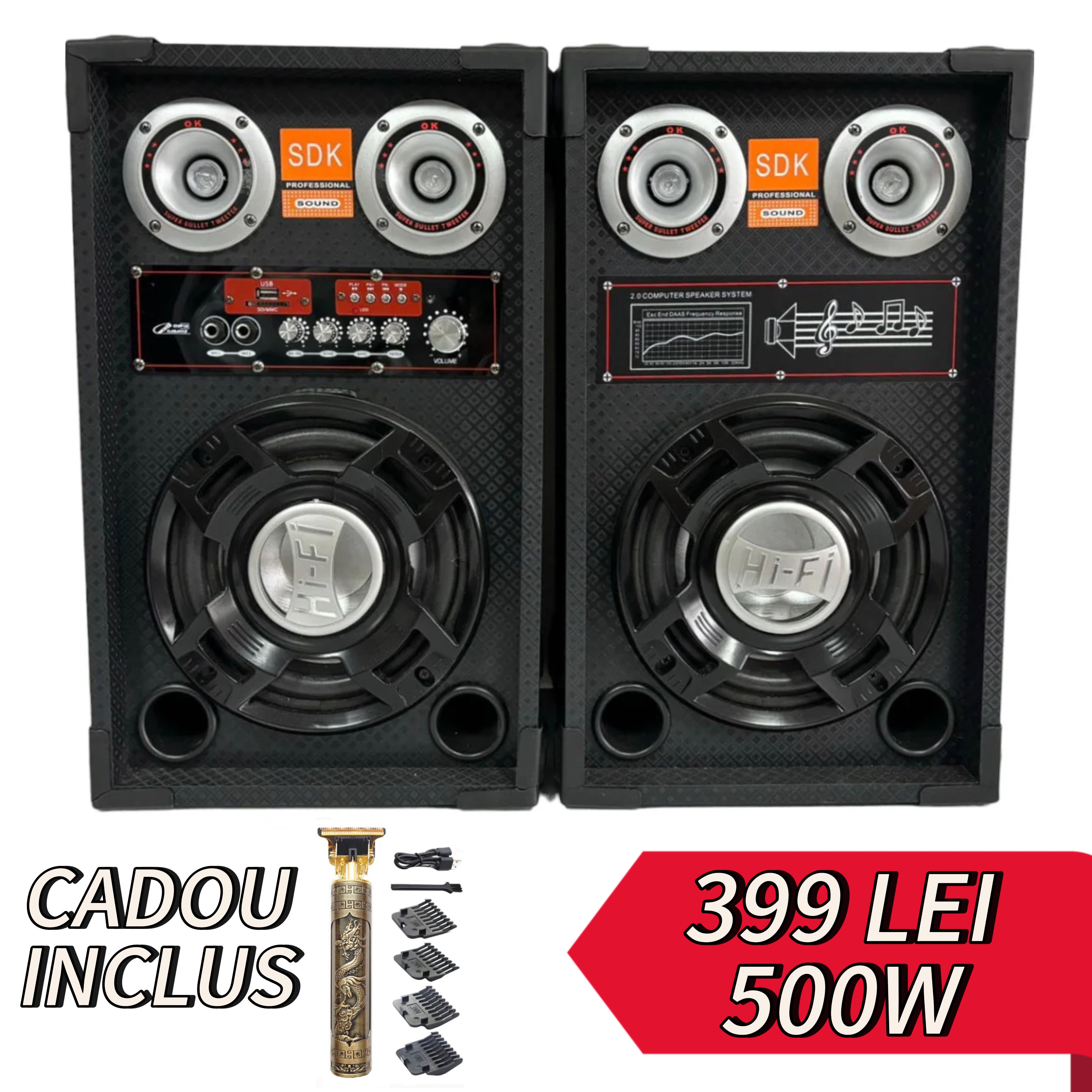 Sistem Audio Profesional 500W PUTERE 2 Boxe SDK LT-601 Bluetooth, Microfon, Telecomanda, Bass