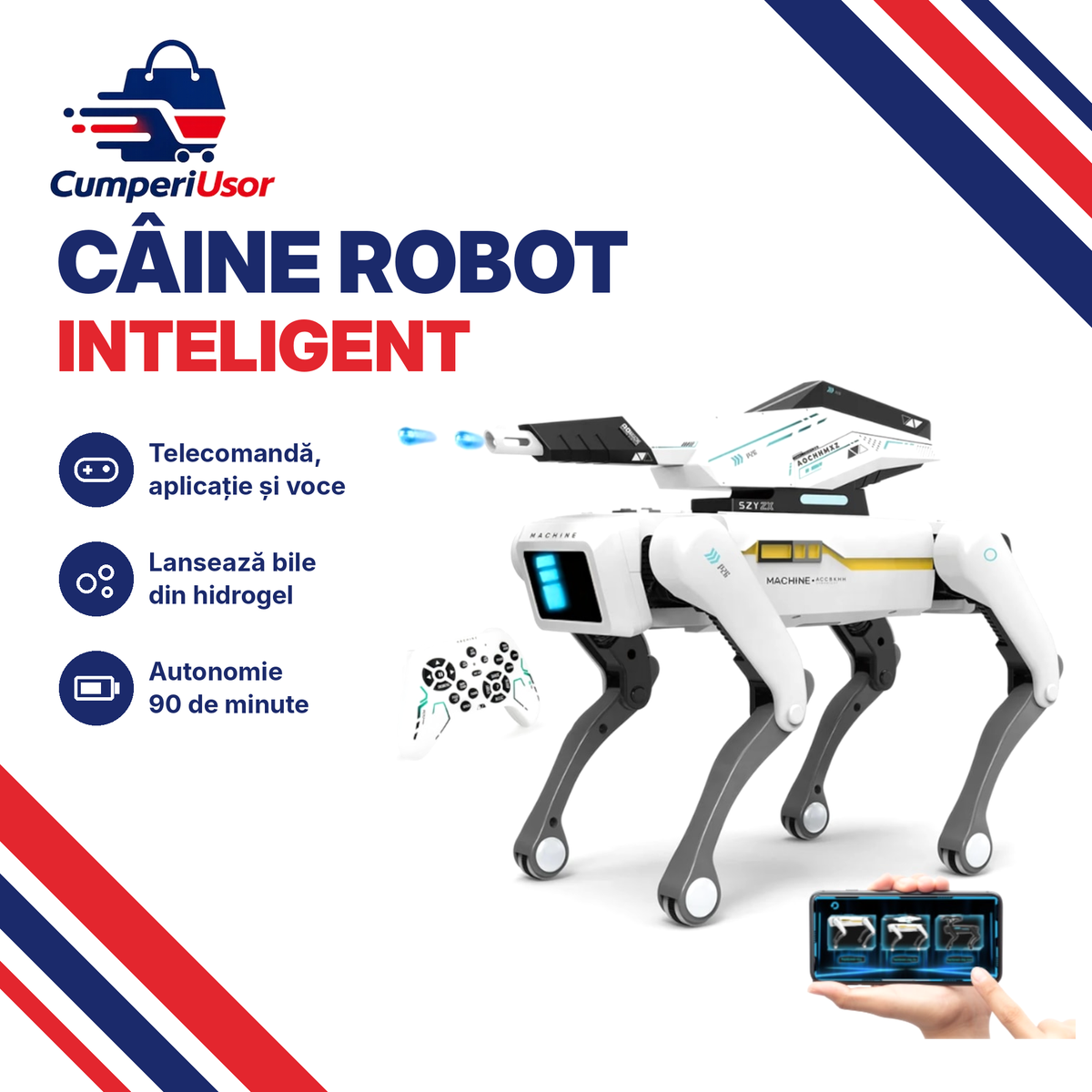 Câine robot inteligent cu telecomandă, aplicație și comenzi vocale, lansează bile din hidrogel