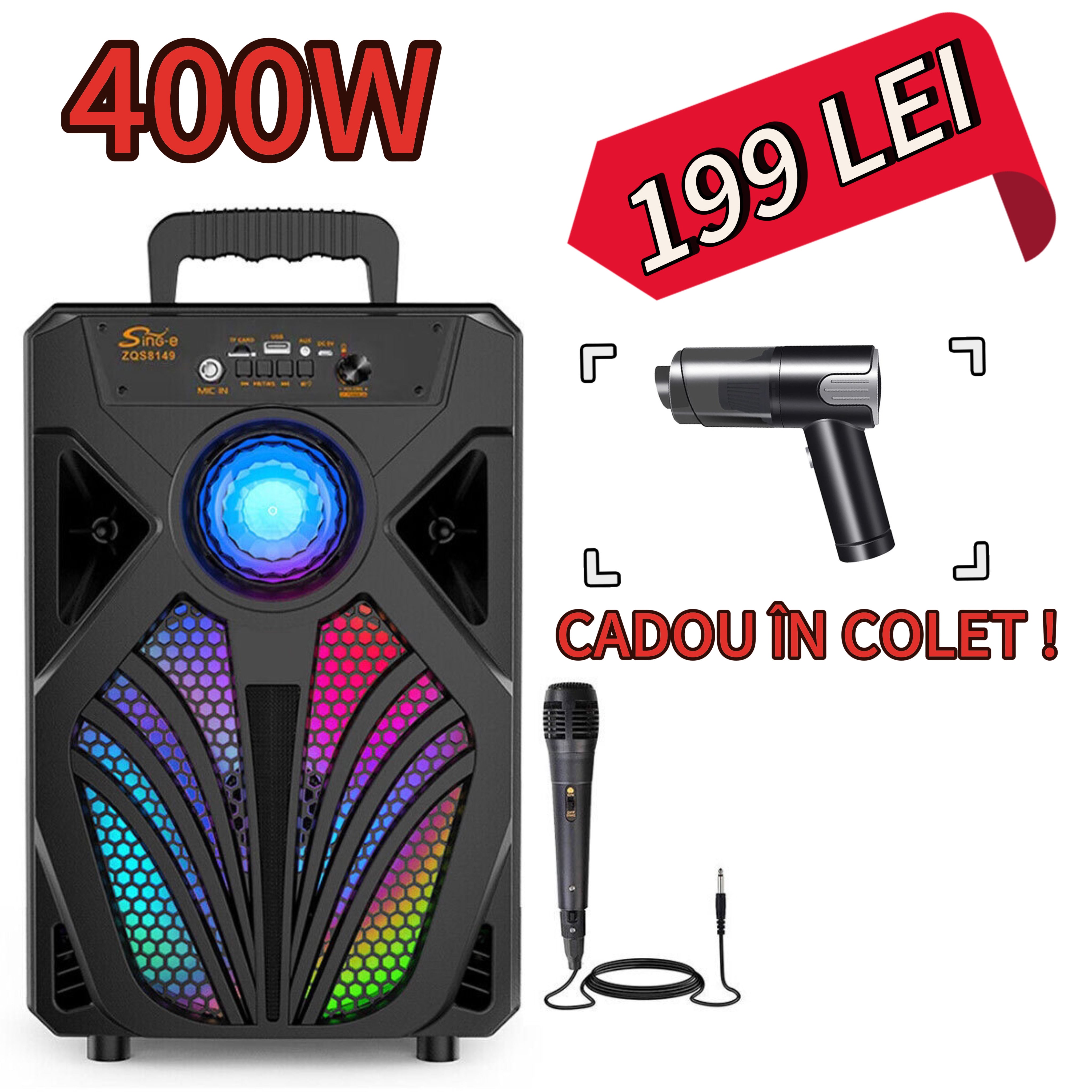 PACHET PROMOTIONAL !!Boxa portabila cu microfon ZQS8149, 150W PMPO, USB/BT/AUX/SD/FM