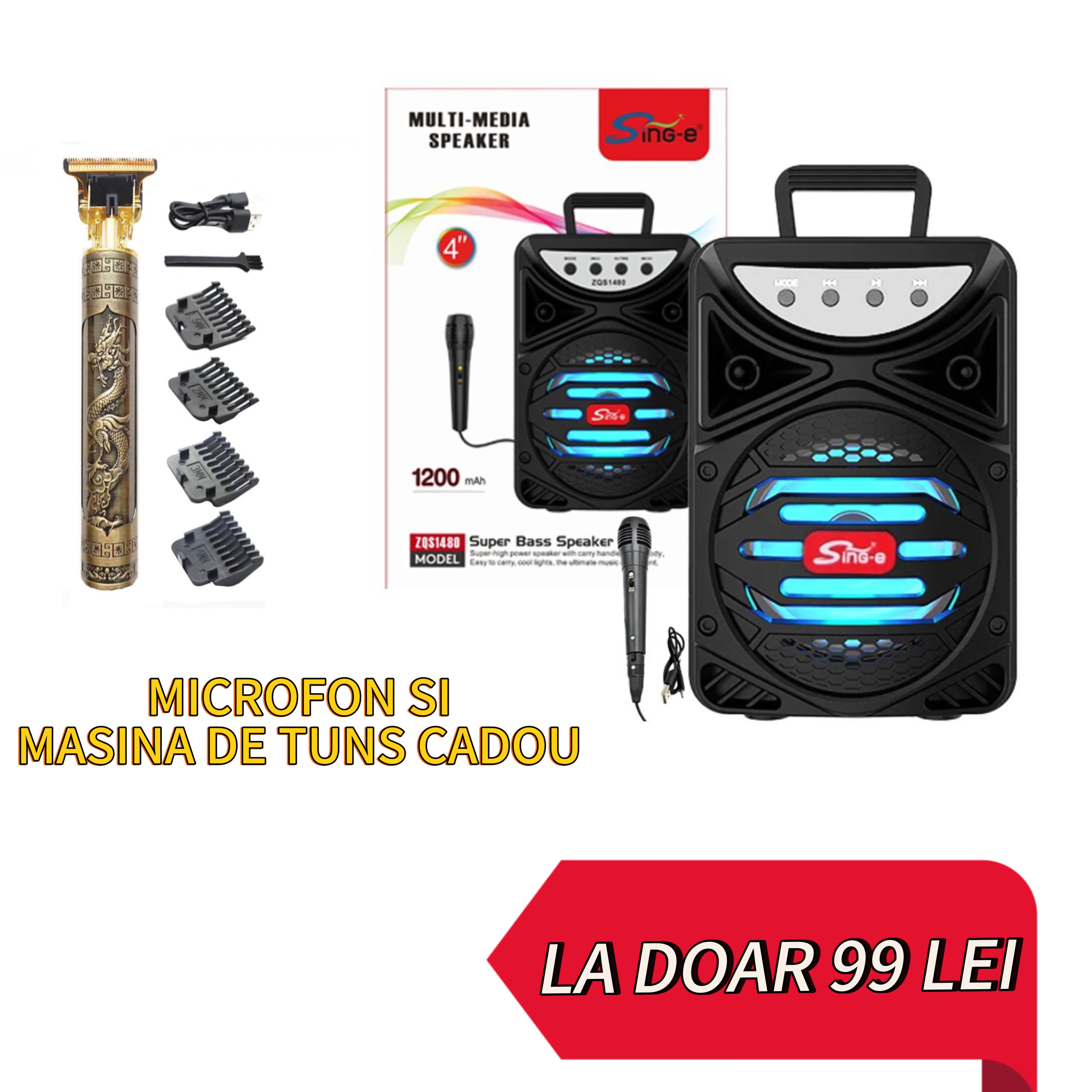 Pachet promoțional boxă portabilă cu microfon inclus și mașina de tuns cadou