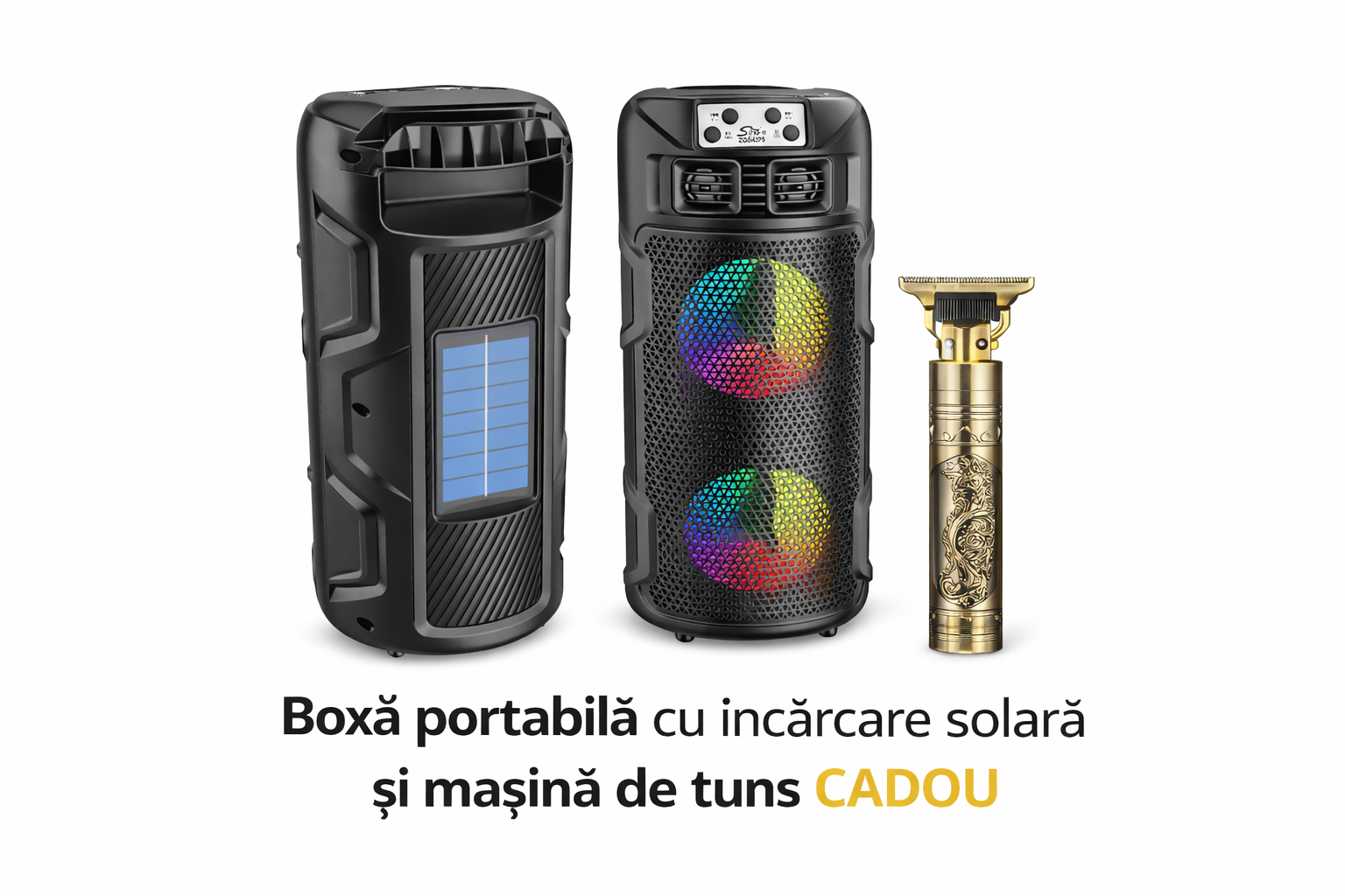 Boxă portabilă cu încărcare solară și radio+ mașină de tuns cadou