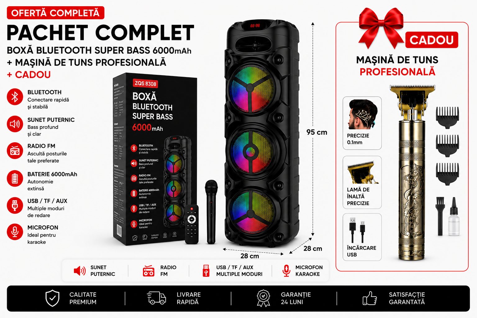 Boxa portabila Bluetooth cu 3 Difuzoare 1800W P.M.P.O mi de 8″ ZQS8301 Telecomanda si Microfon,95cm înălțime + MAȘINĂ DE TUNS CADOU