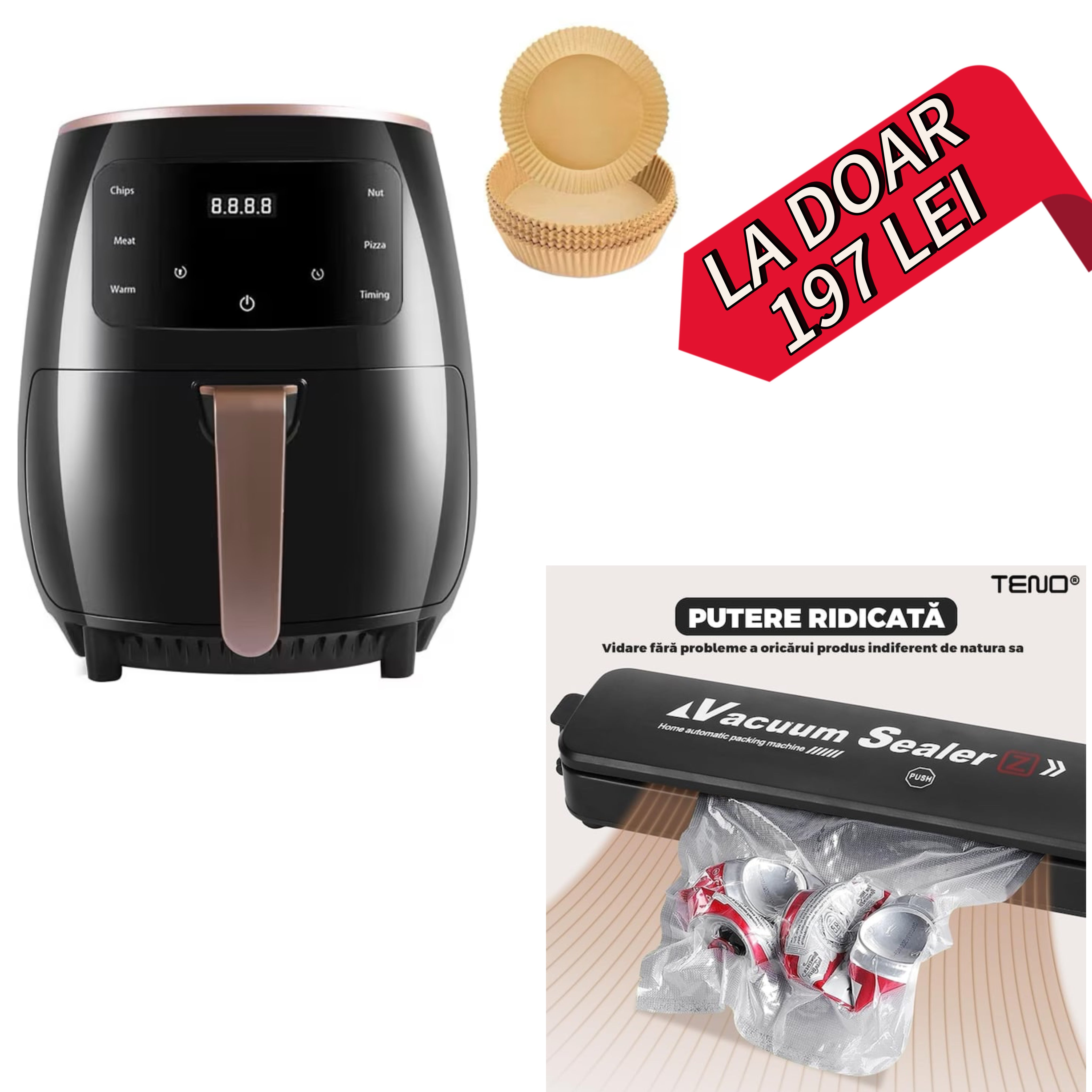 Set friteuza cu aer cald si 100buc hartie de copt gatire fara ulei, Air Fryer capacitate 6 litri, 2400W, 8 programe de gatire, Touch Control, afisaj digital, negru+ APARAT DE VIDAT