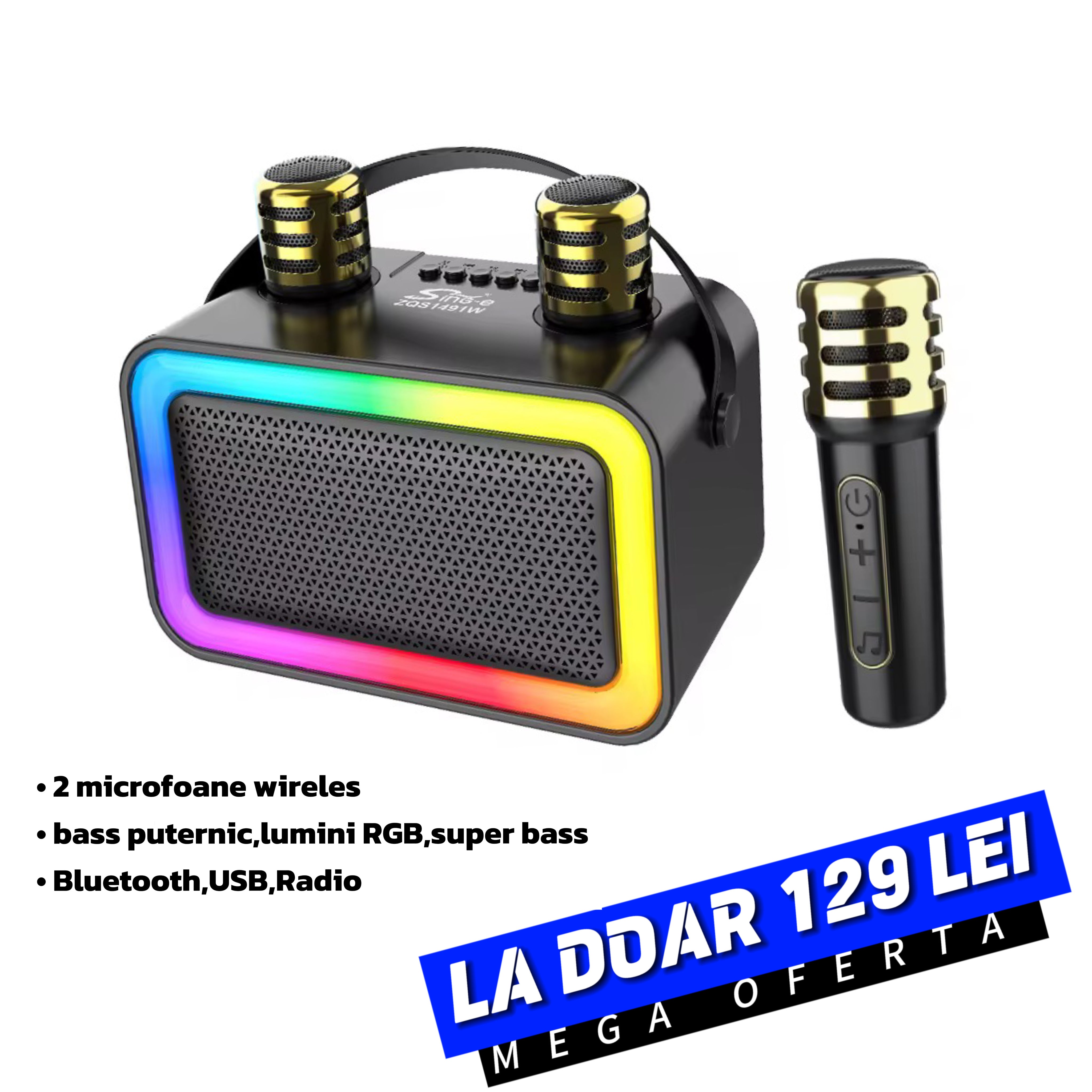 Sing-E ZQS-1491W – Boxă portabilă mini pentru karaoke, Bluetooth, difuzor de 4 inch, lumină RGB, cu 2 microfoane wireless