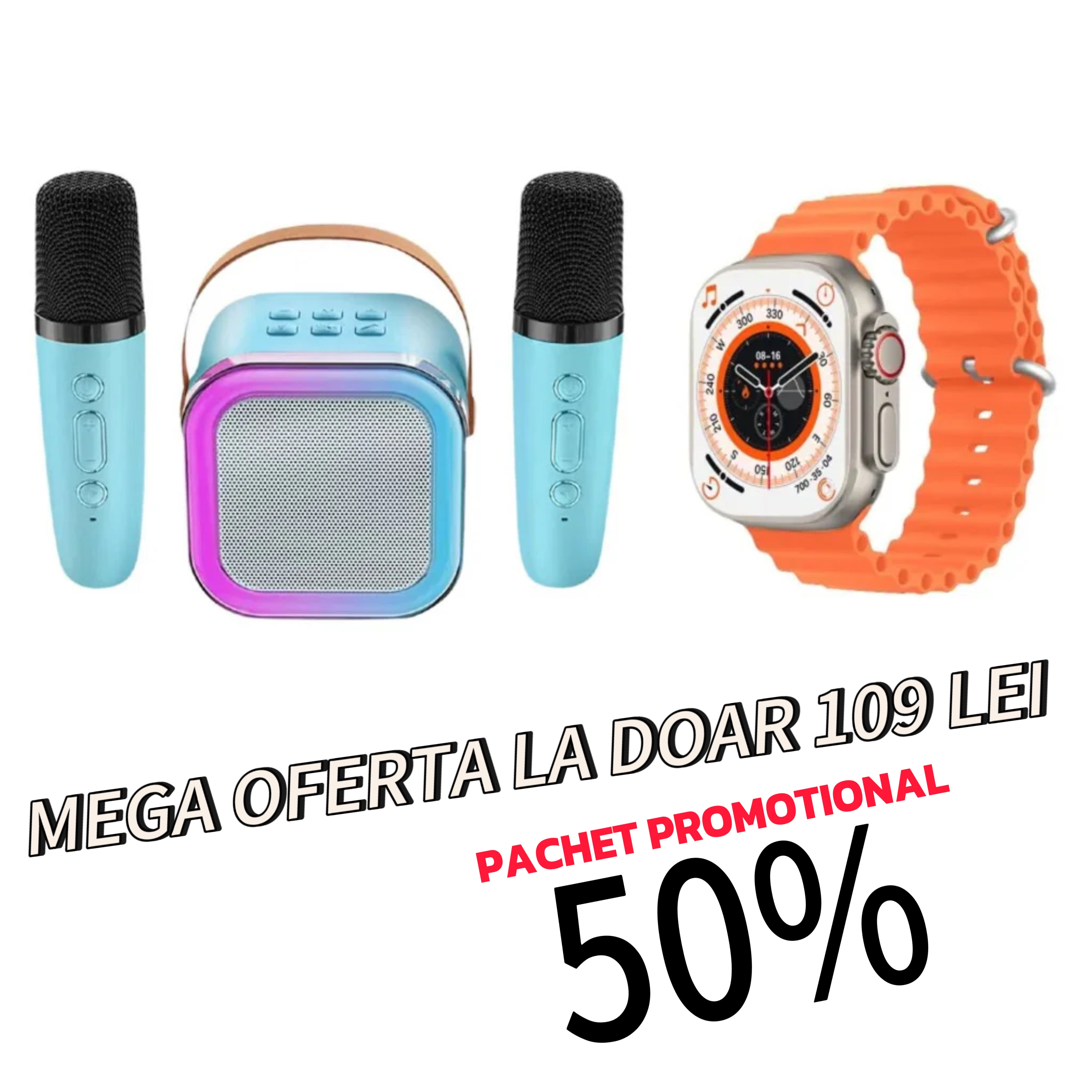 Pachet promoțional !!!Boxa portabilă cu 2 microfoane wireless cu ceas smart watch