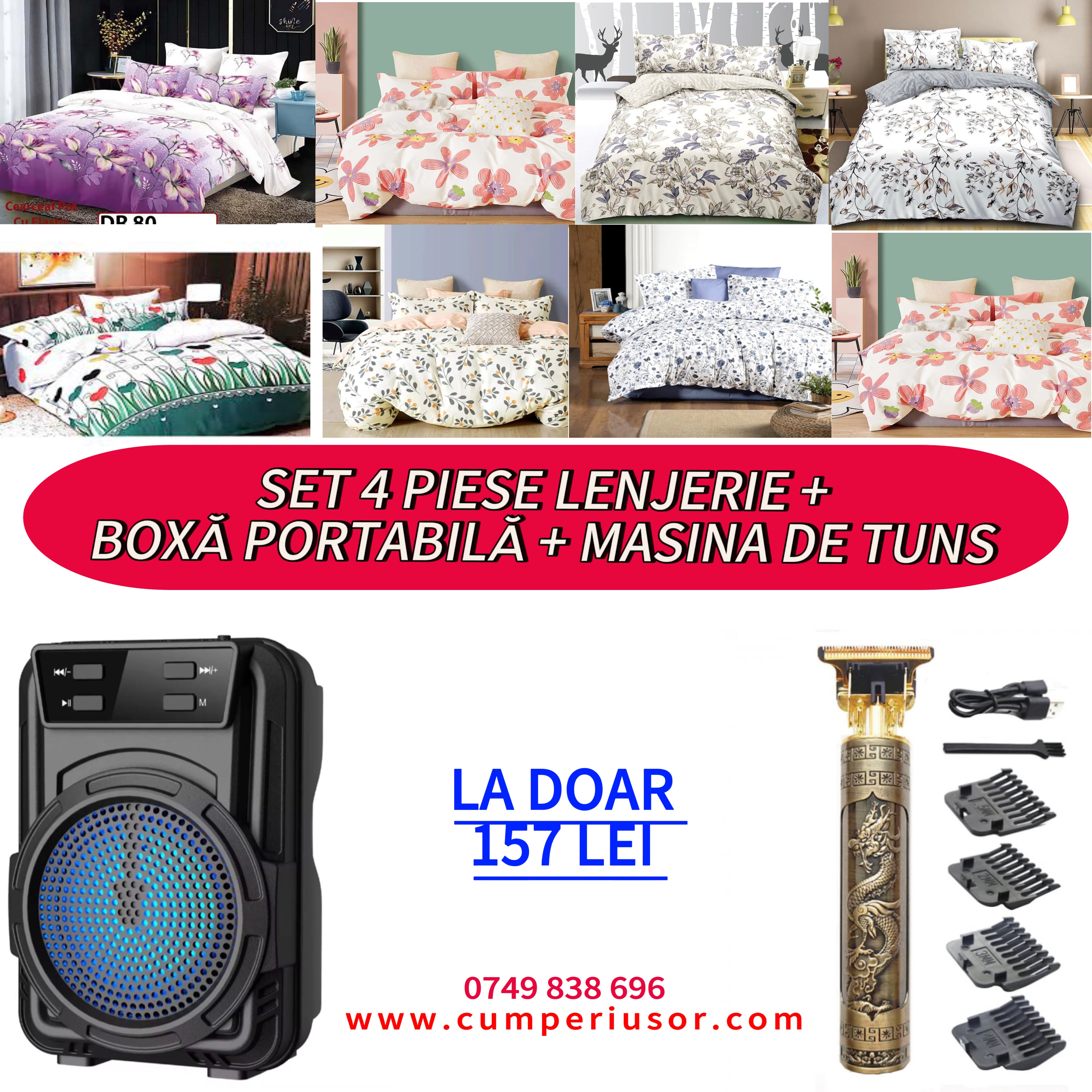PACHET PROMOȚIONAL SET 4 LEJNERIE + BOXĂ PORTABILĂ + MAȘINĂ DE TUNS