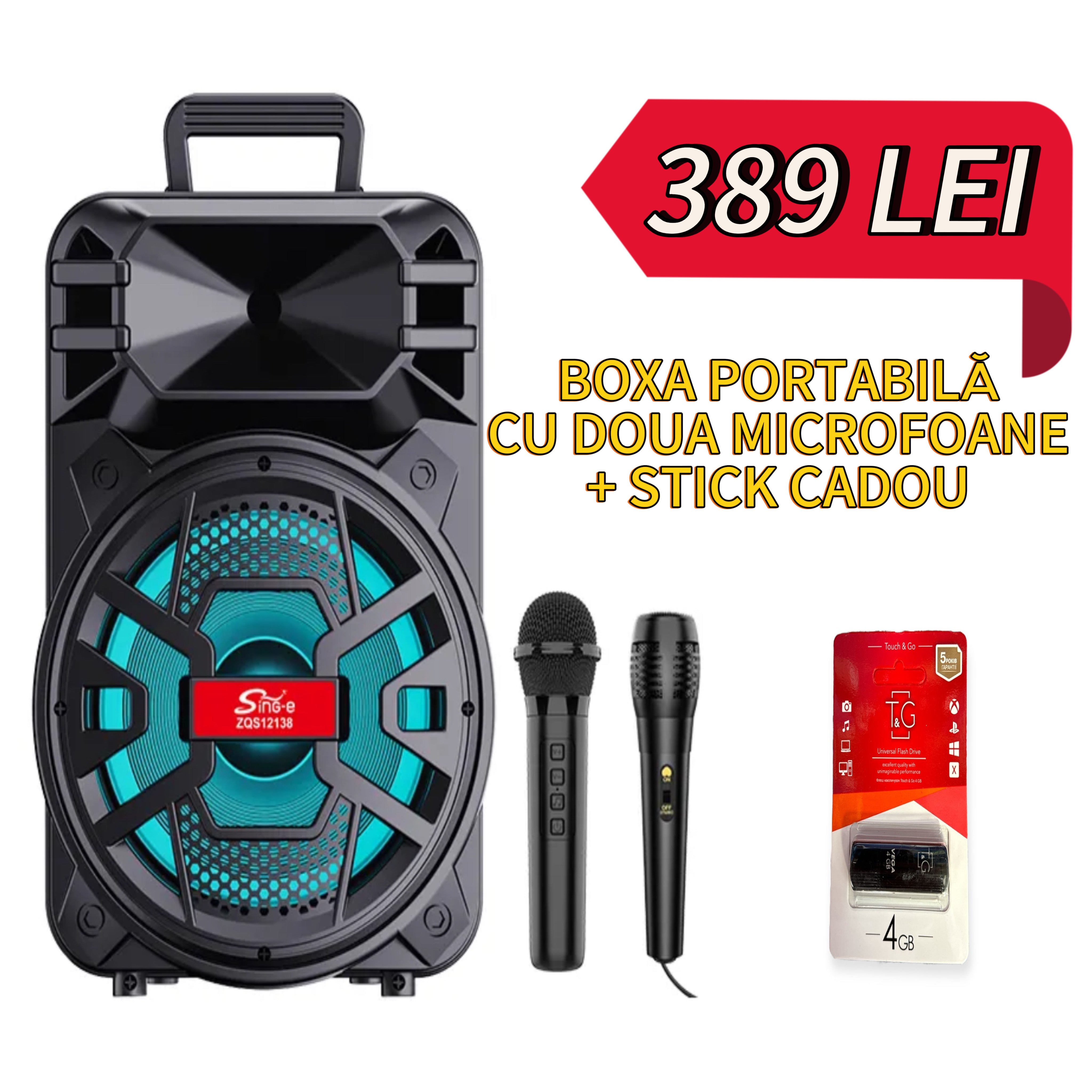 Boxa portabila profesionala, 400W bass puernic, joc lumini, microfon, radio, aux, bluetooth, card, stick, incarcator si telecomanda.
