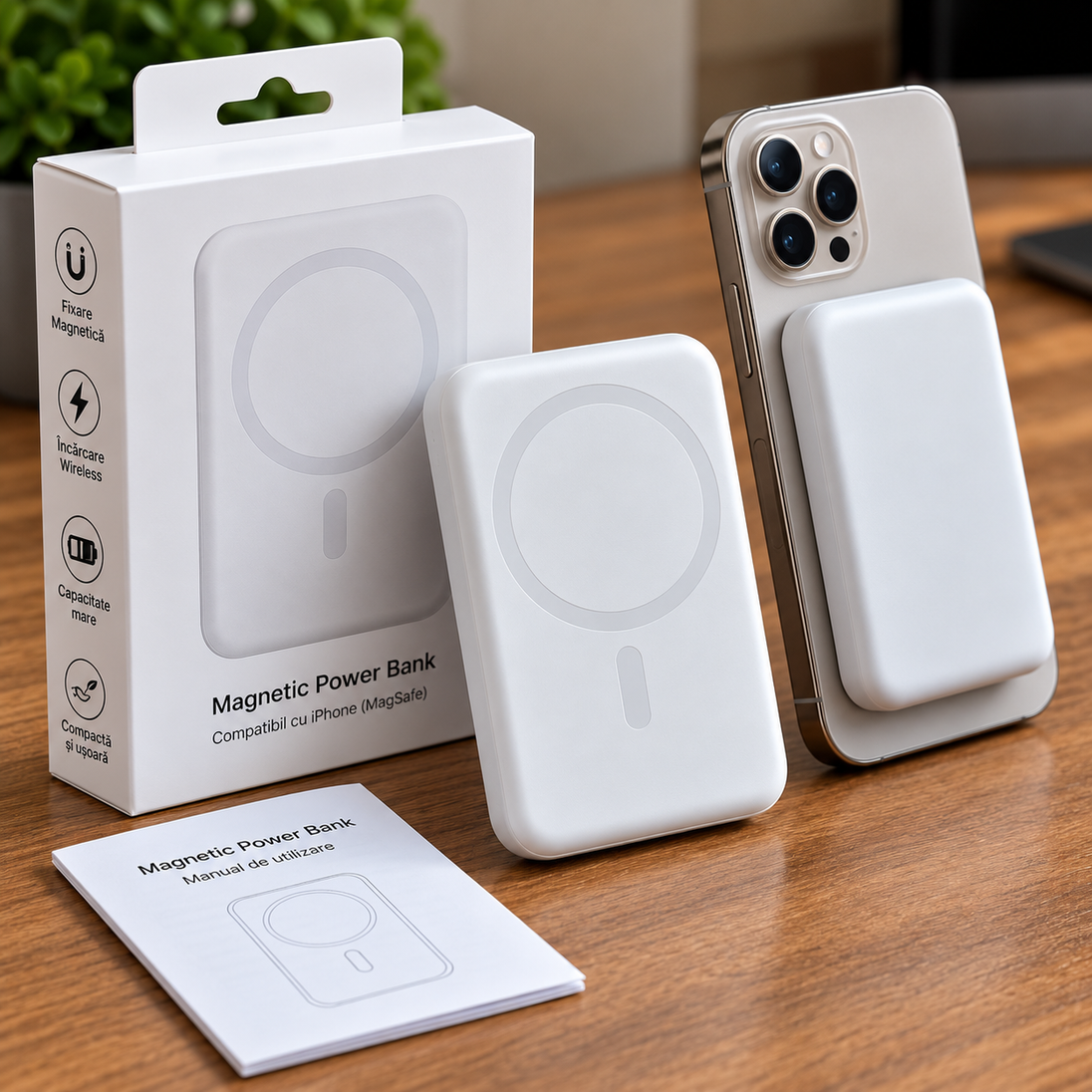 Baterie externă magnetică compatibilă iPhone, imagine ilustrativă fără cablu