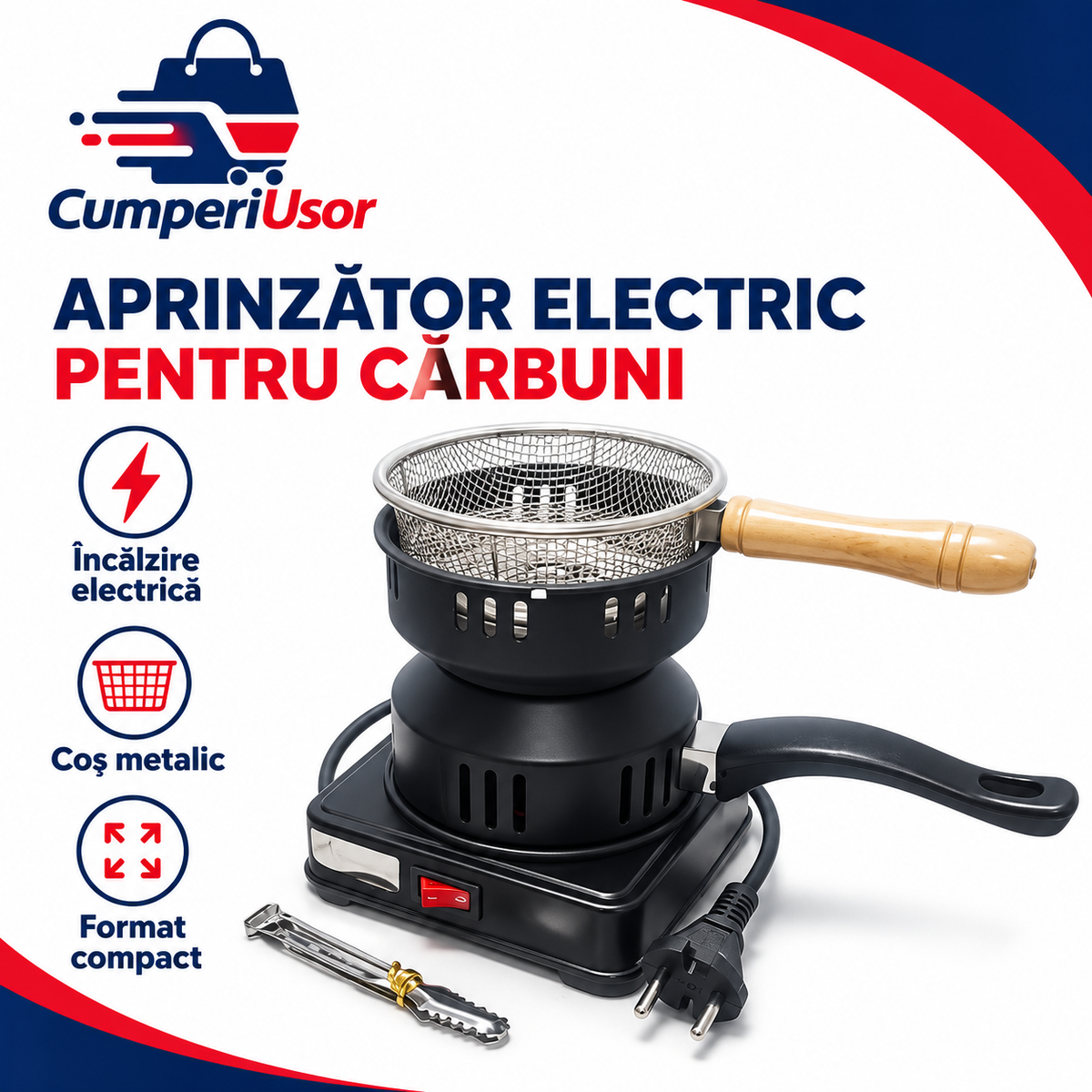 Aprinzător electric pentru cărbuni cu coș metalic și clește — CumperiUsor