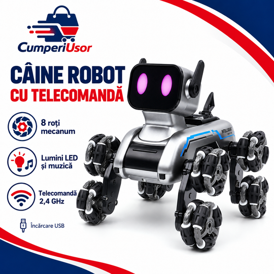 Câine robot cu telecomandă, 8 roți mecanum, lumini LED și muzică — CumperiUsor