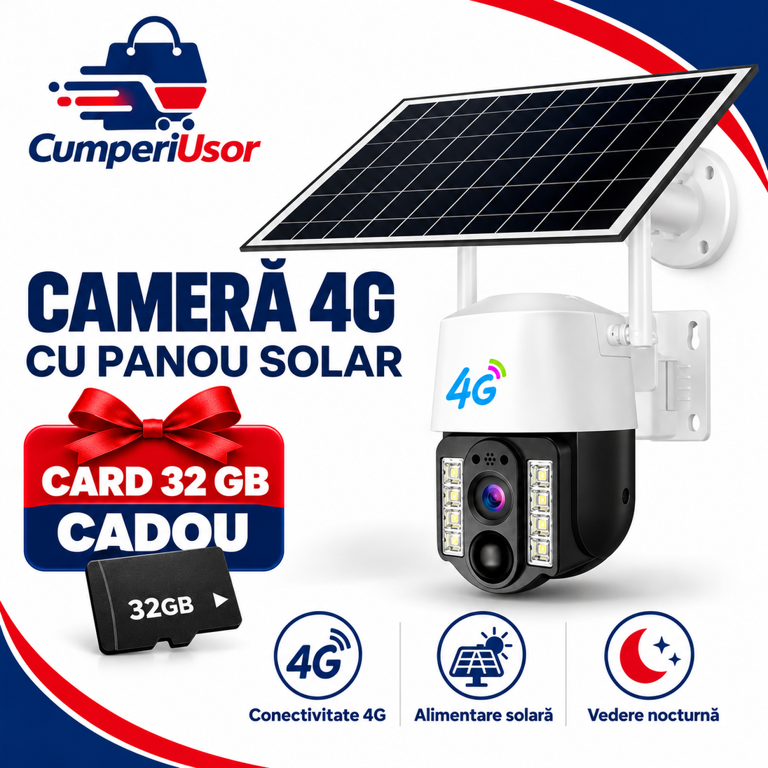 Cameră 4G cu panou solar și card microSD 32 GB cadou — CumperiUsor