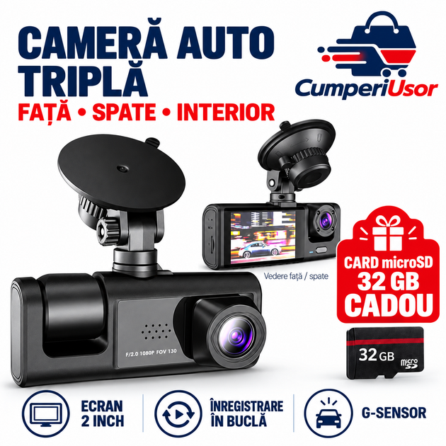 Cameră auto triplă cu card microSD de 32 GB cadou — CumperiUsor