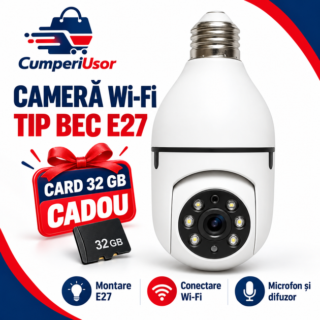 Cameră Wi-Fi tip bec E27 cu card microSD 32 GB cadou — CumperiUsor
