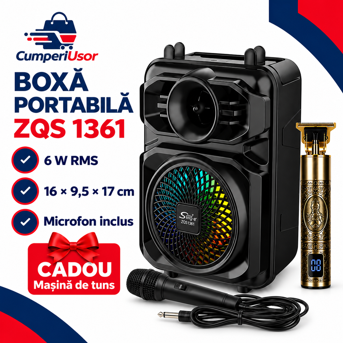 Boxa Portabila ZQS1361 BT FM microfon 24W P.M.P.O suport telefon – dimensiuni și cadou inclus