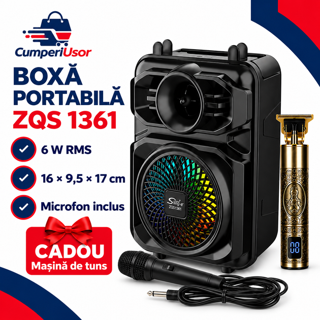 Boxa Portabila ZQS1361 BT FM microfon 24W P.M.P.O suport telefon – dimensiuni și cadou inclus