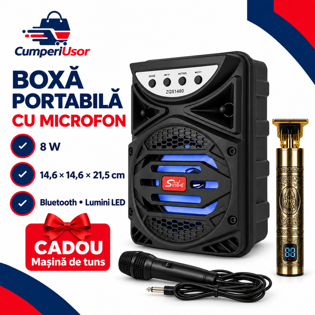 Pachet promoțional boxă portabilă cu microfon inclus și mașina de tuns cadou – putere, dimensiuni și accesorii incluse