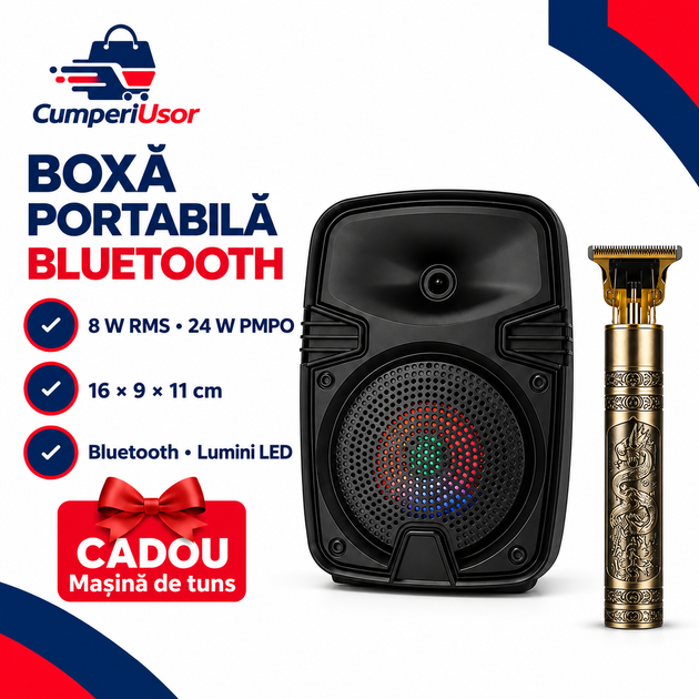 SUPER OFERTĂ boxă portabilă BT cu o mașină de tuns cadou  !!! – putere, dimensiuni și accesorii incluse