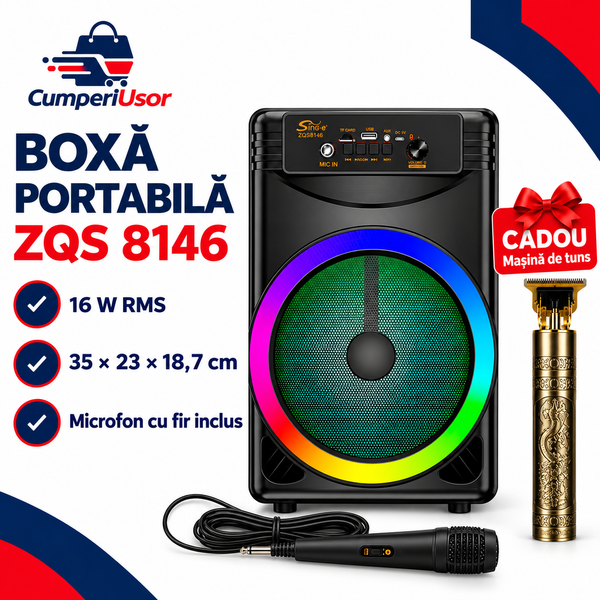 Boxa portabila ZQS8146 480W P.M.P.O USB BT AUX FM microfon mi – dimensiuni și cadou inclus