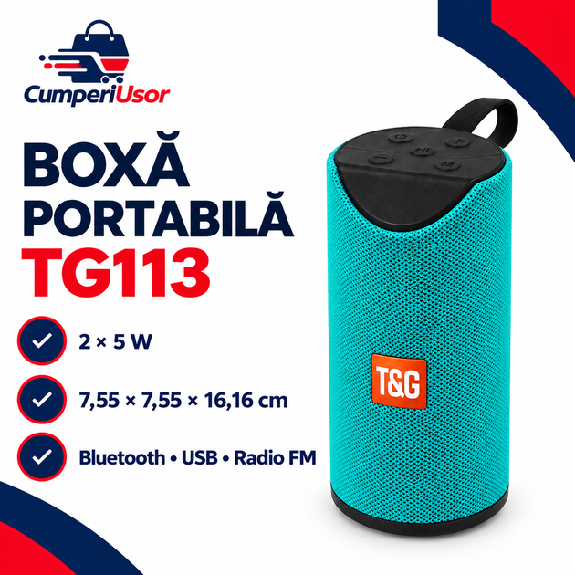 BOXA PORTABILA TG 113 GT133 FM, BLUETHOOT SD, USB, – putere, dimensiuni și accesorii incluse