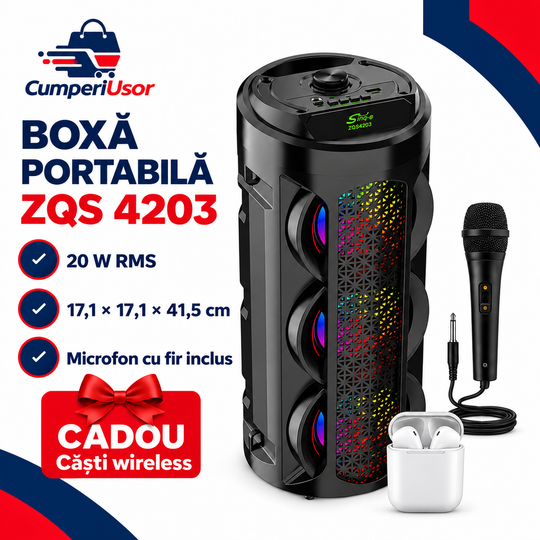 ZQS4203 – 20 W RMS, dimensiuni și căști wireless cadou