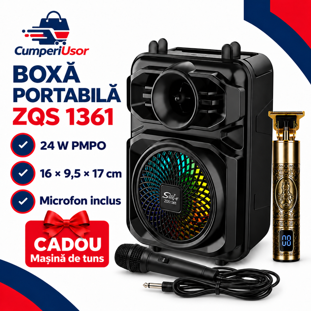 Boxă portabilă ZQS 1361 – 24 W PMPO, dimensiuni și cadou inclus