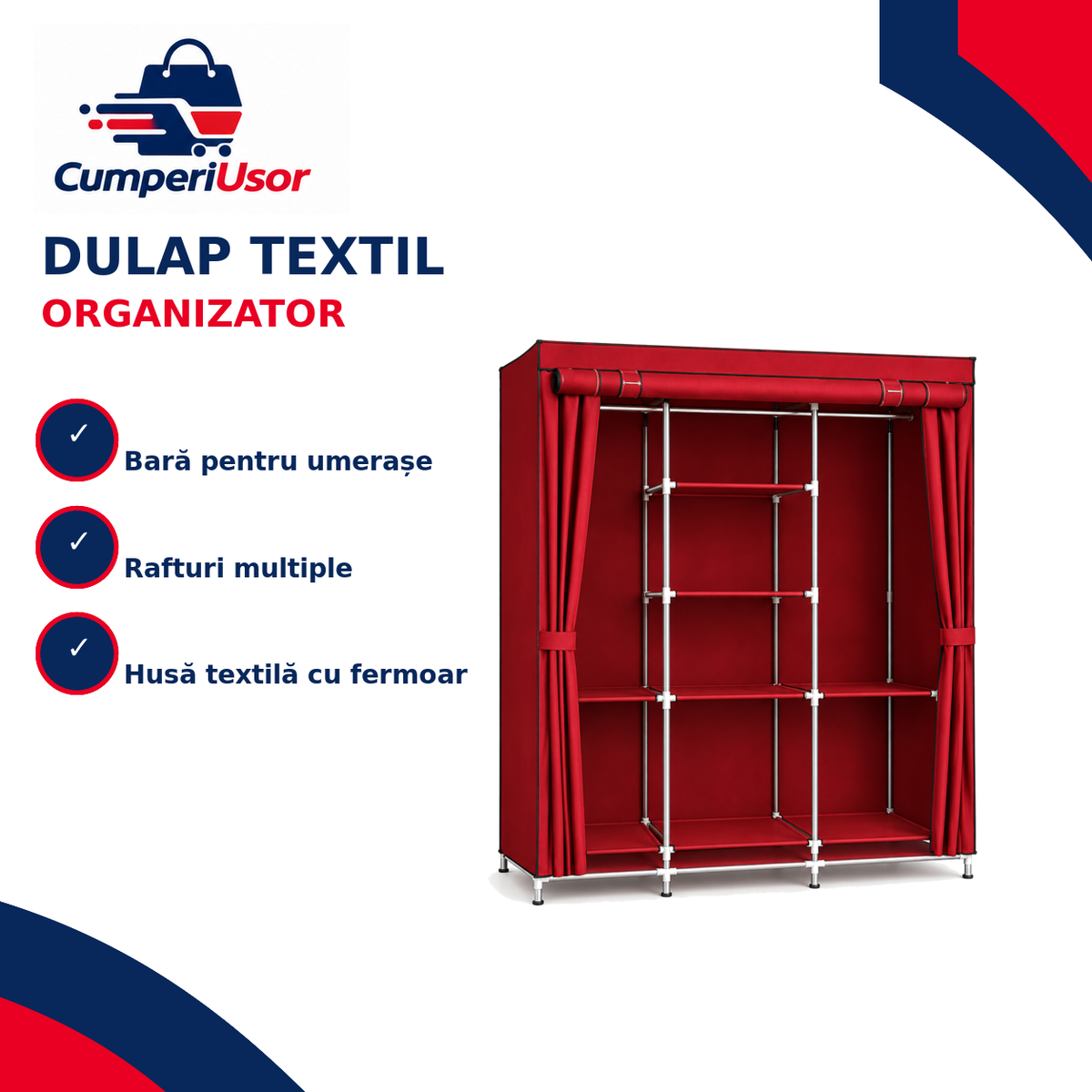 Dulap textil organizator cu rafturi și bară pentru umerașe – CumperiUsor