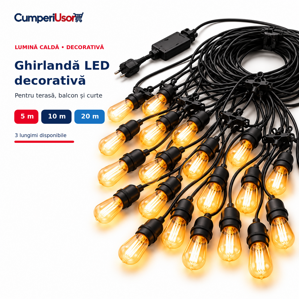 Ghirlandă LED decorativă cu lumină caldă, variante 5 m, 10 m și 20 m – CumperiUsor