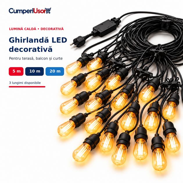 Ghirlandă LED decorativă cu lumină caldă, variante 5 m, 10 m și 20 m – CumperiUsor