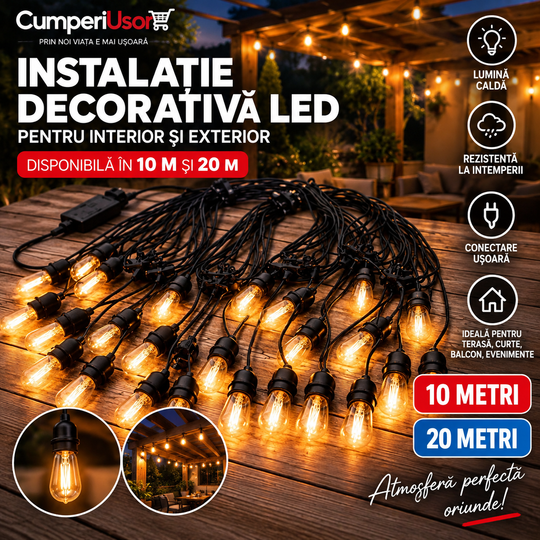 Instalație decorativă LED cu lumină caldă, 10 m și 20 m