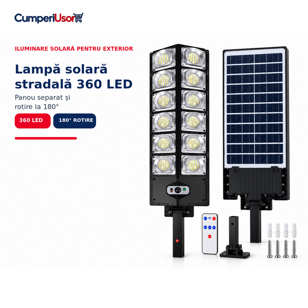 Lampă solară stradală 360 LED cu panou separat și telecomandă