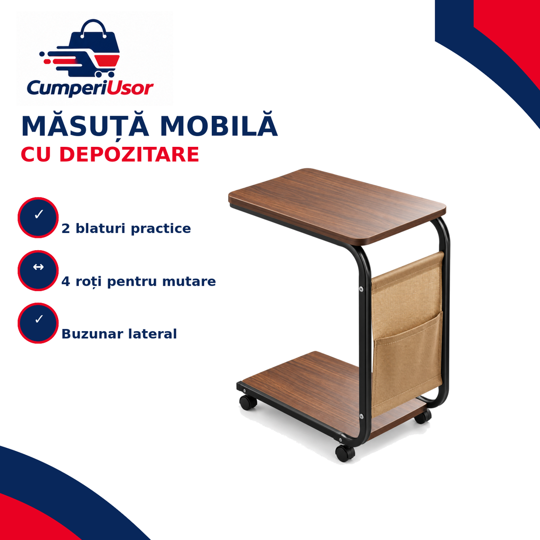Măsuță mobilă cu depozitare, două blaturi și buzunar lateral – CumperiUsor