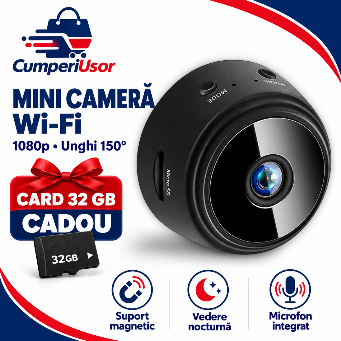 Mini cameră Wi-Fi 1080p, unghi 150°, card microSD 32 GB cadou — CumperiUsor