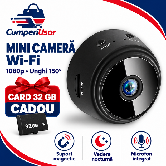 Mini cameră Wi-Fi 1080p, unghi 150°, card microSD 32 GB cadou — CumperiUsor