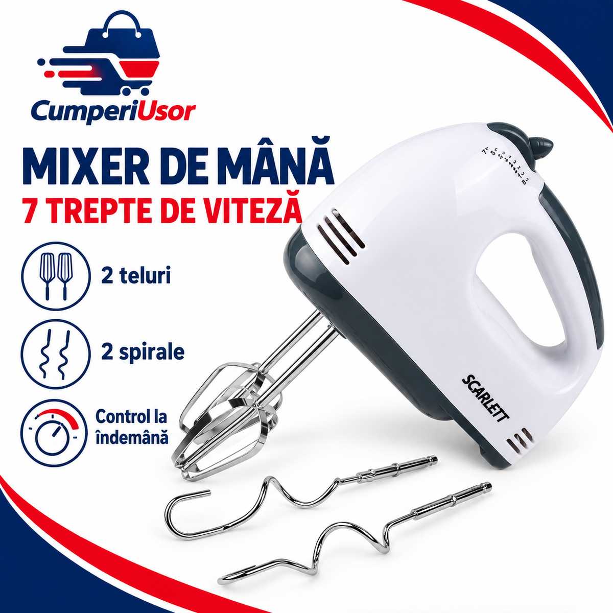 Mixer de mână cu 7 viteze, 2 teluri și 2 spirale — CumperiUsor