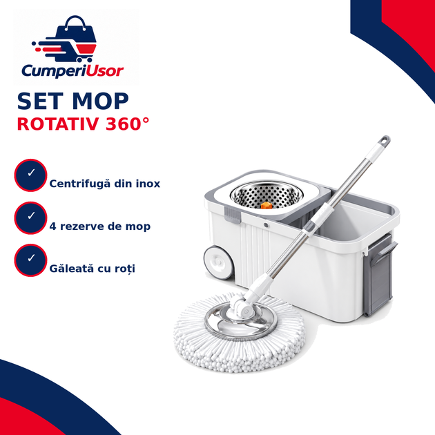 Set mop rotativ 360° cu găleată și rezerve – CumperiUsor